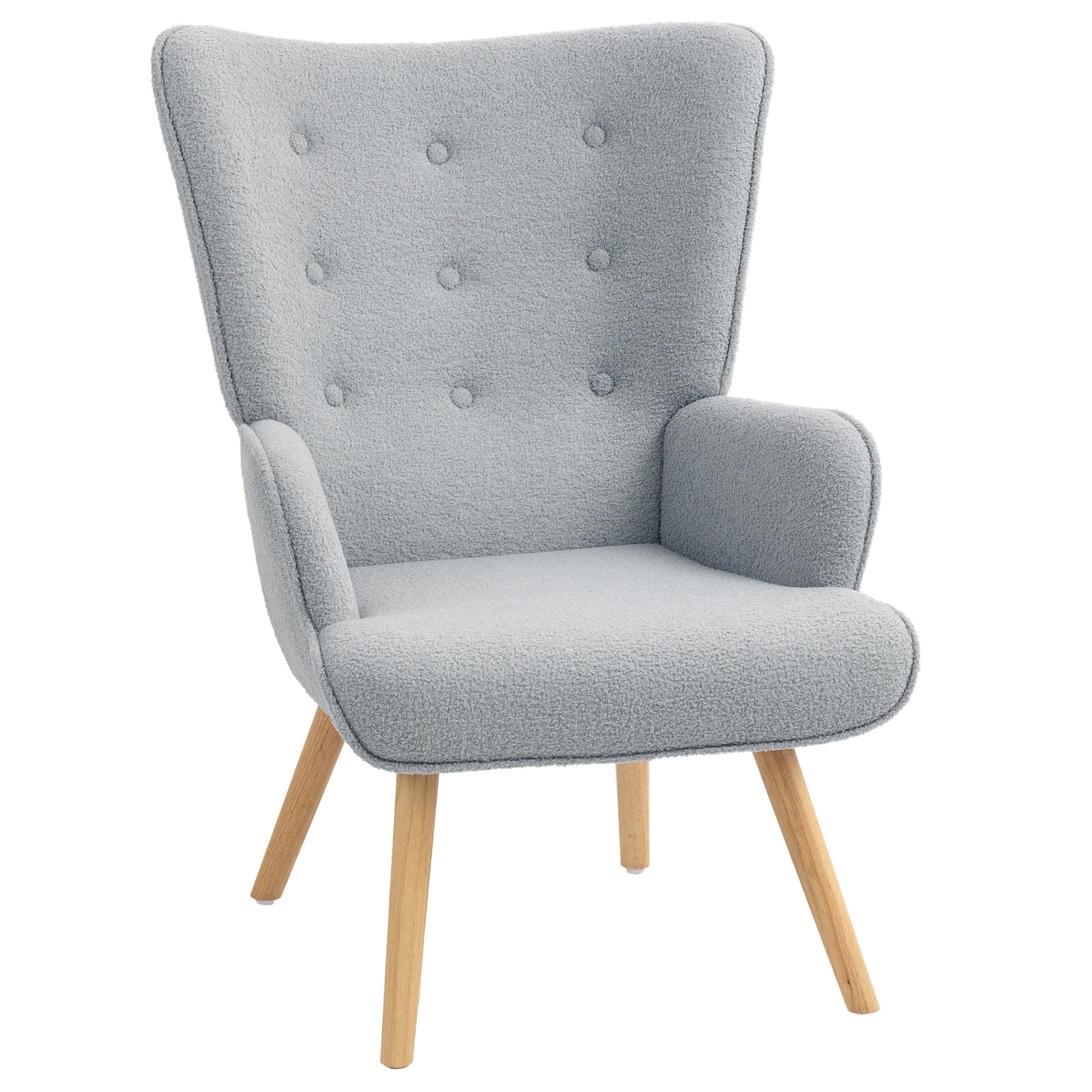Fauteuil de salon en tissu bouclette, fauteuil moderne, capitonné et rembourré avec pieds en bois, accoudoirs et dossier ergonomique, pour salle à manger, salon, chambre, bureau, gris clair