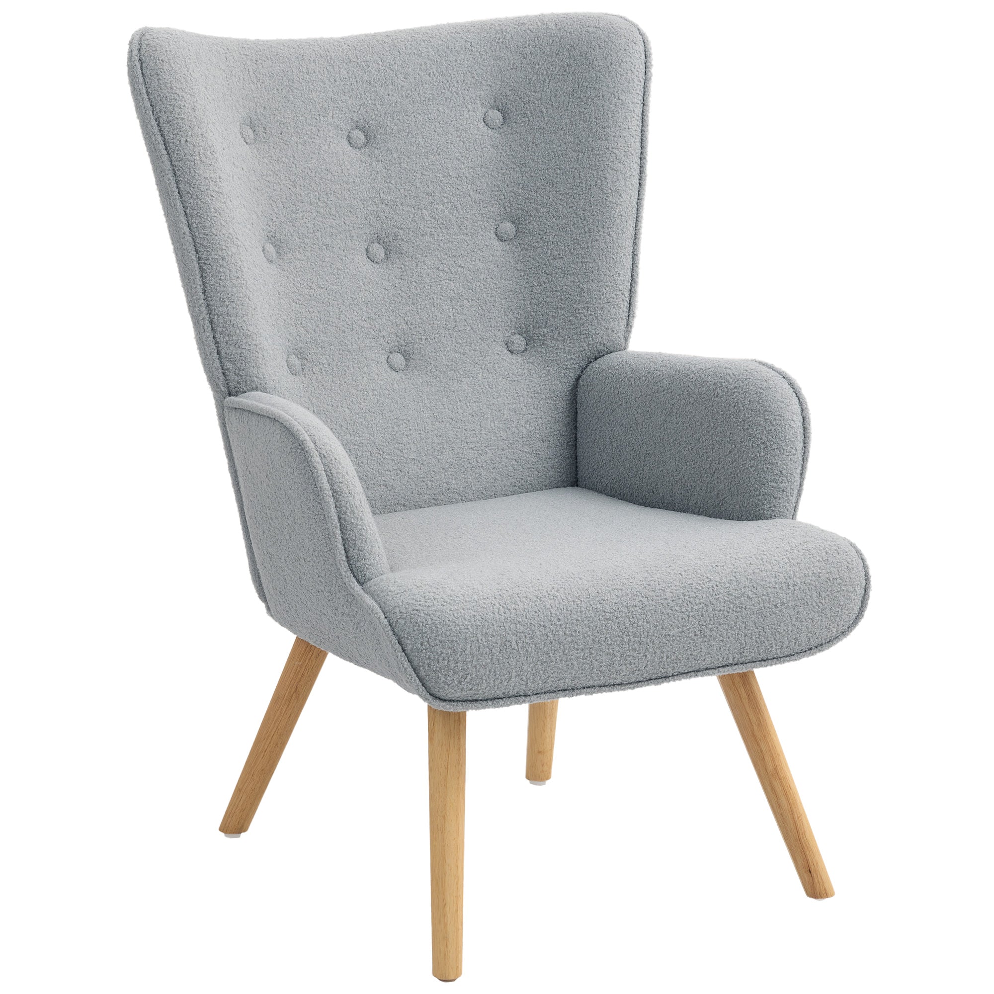 Fauteuil de salon en tissu bouclette, fauteuil moderne, capitonné et rembourré avec pieds en bois, accoudoirs et dossier ergonomique, pour salle à manger, salon, chambre, bureau, gris clair