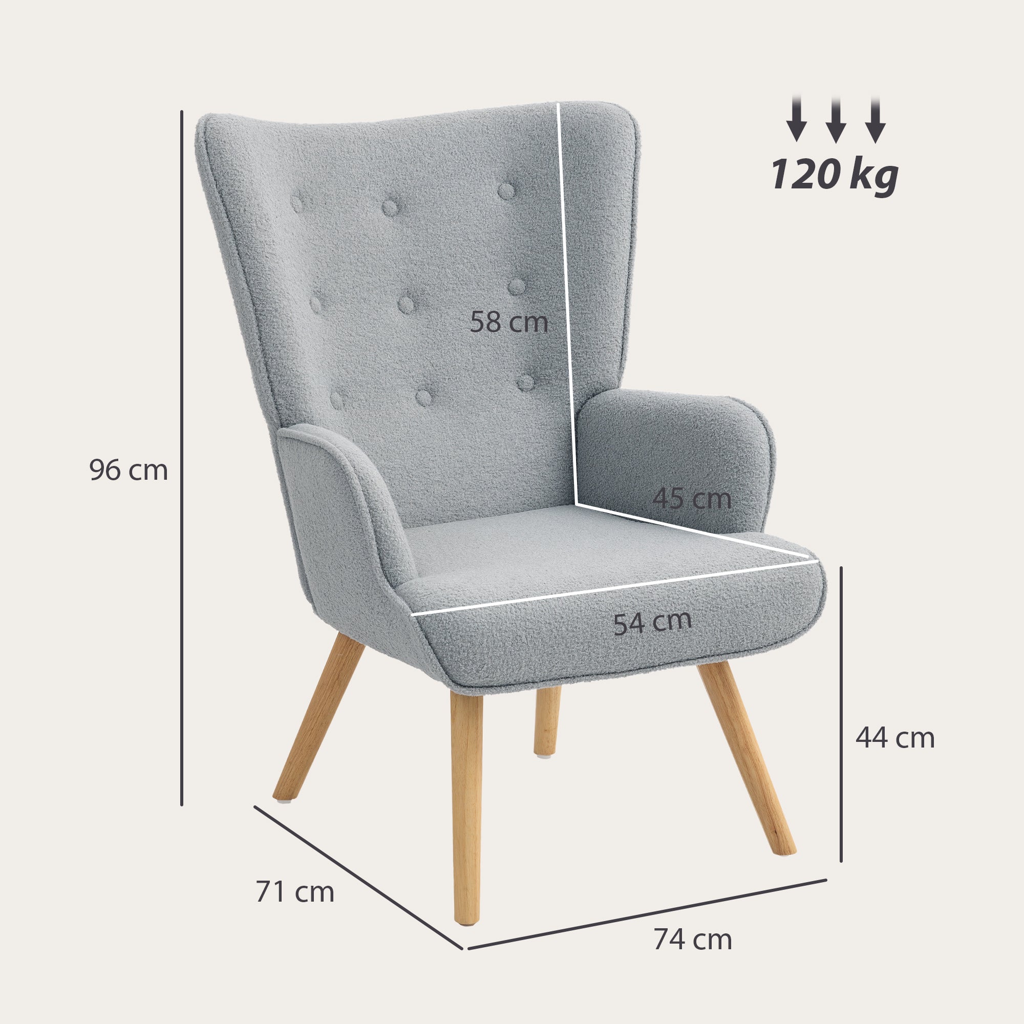 Fauteuil de salon en tissu bouclette, fauteuil moderne, capitonné et rembourré avec pieds en bois, accoudoirs et dossier ergonomique, pour salle à manger, salon, chambre, bureau, gris clair