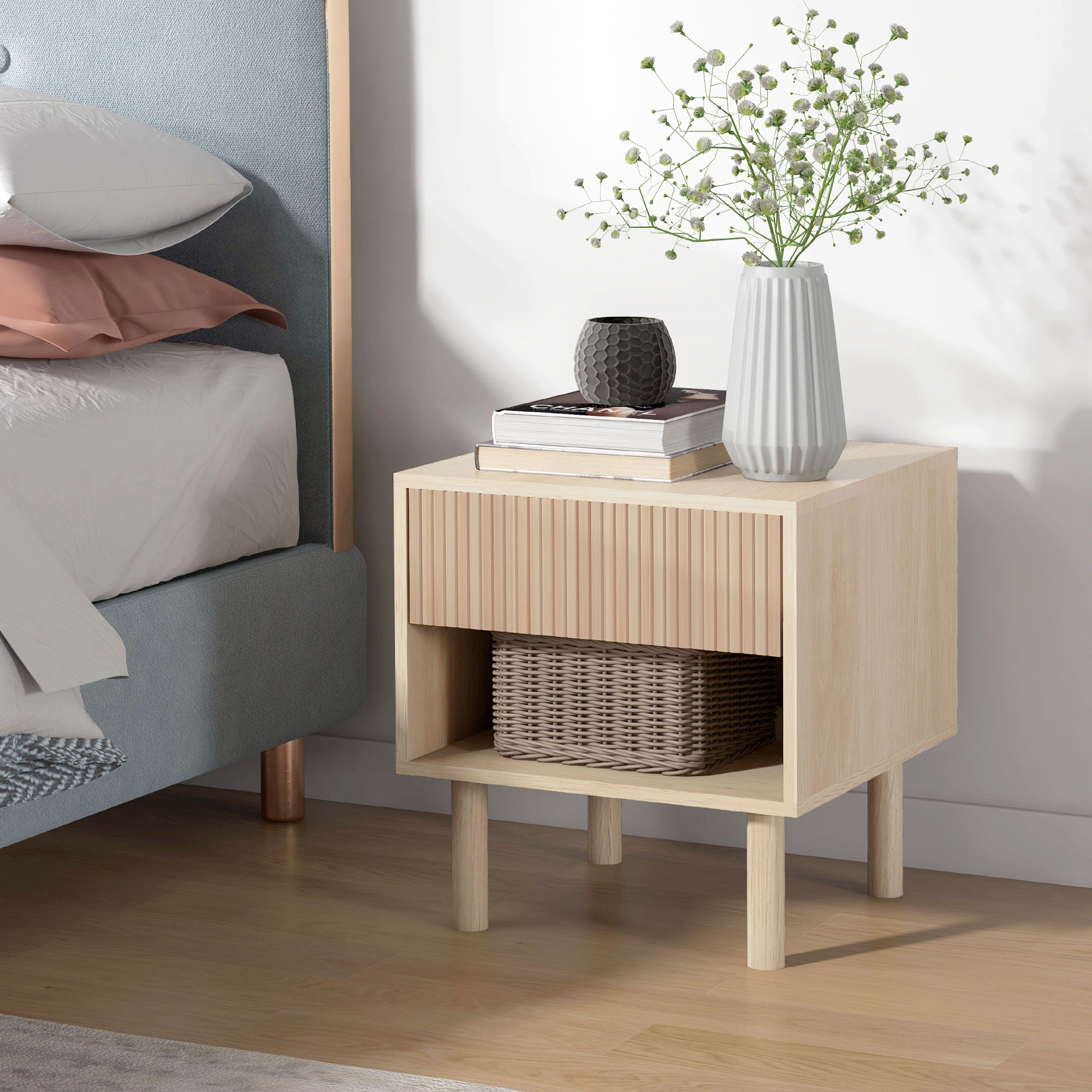 Table de chevet table de nuit avec tiroirs et niches, table d'appoint style moderne pour chambre à coucher, salon, dim. 47 x 47 x 50 cm, finition bois naturel