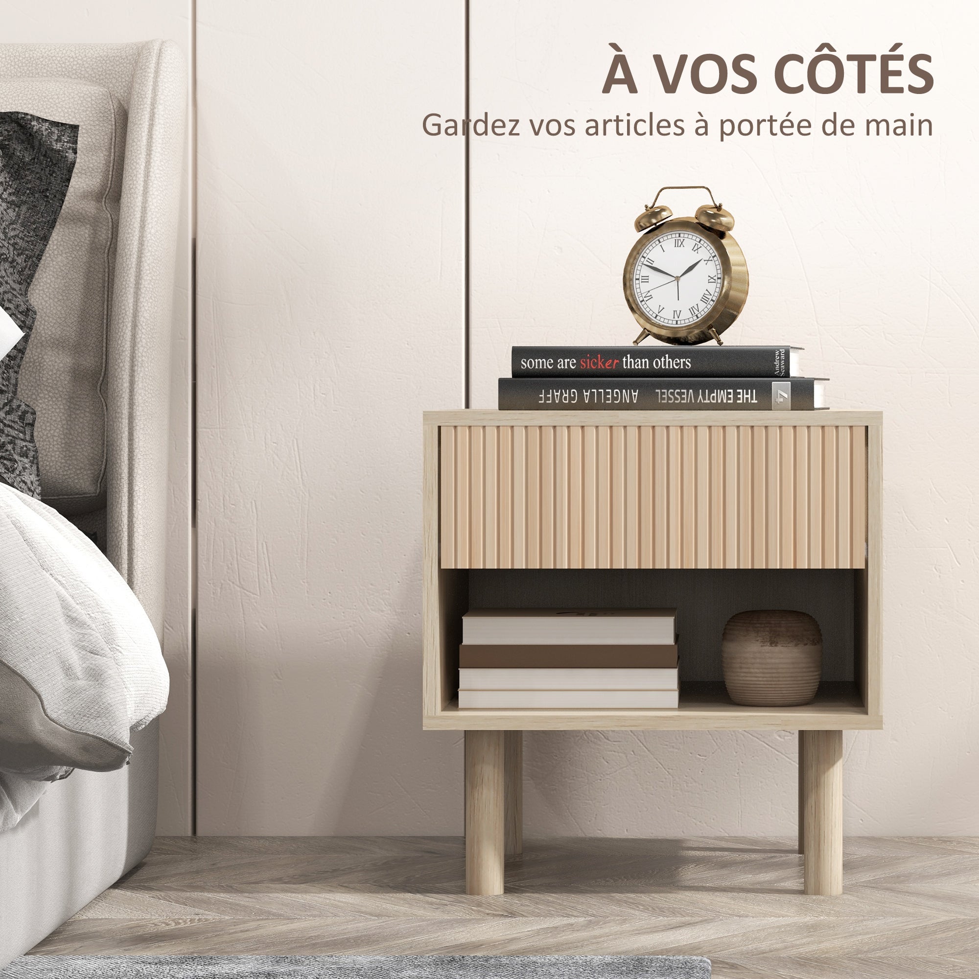 Table de chevet table de nuit avec tiroirs et niches, table d'appoint style moderne pour chambre à coucher, salon, dim. 47 x 47 x 50 cm, finition bois naturel