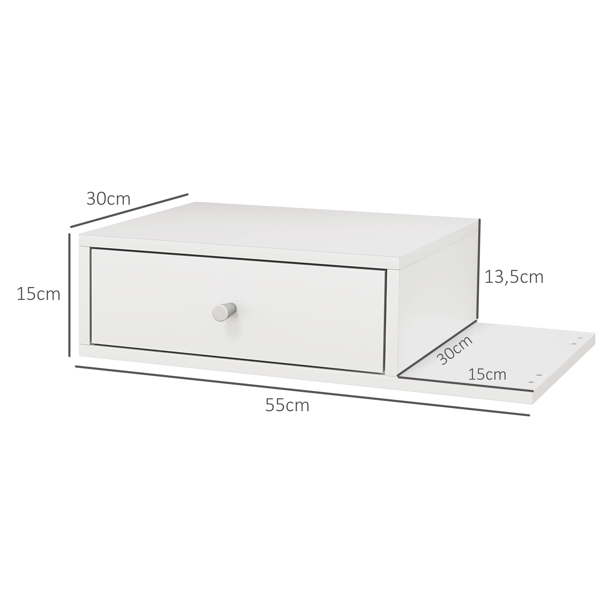 Lot de 2 tables de chevet murales - lot de 2 tables de nuit - étagère latérale et tiroir - 55l x 30P x 15H cm - en bois blanc