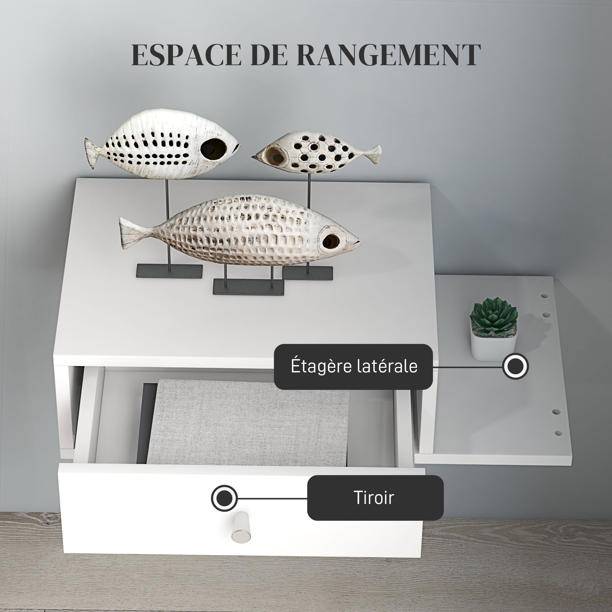 Lot de 2 tables de chevet murales - lot de 2 tables de nuit - étagère latérale et tiroir - 55l x 30P x 15H cm - en bois blanc