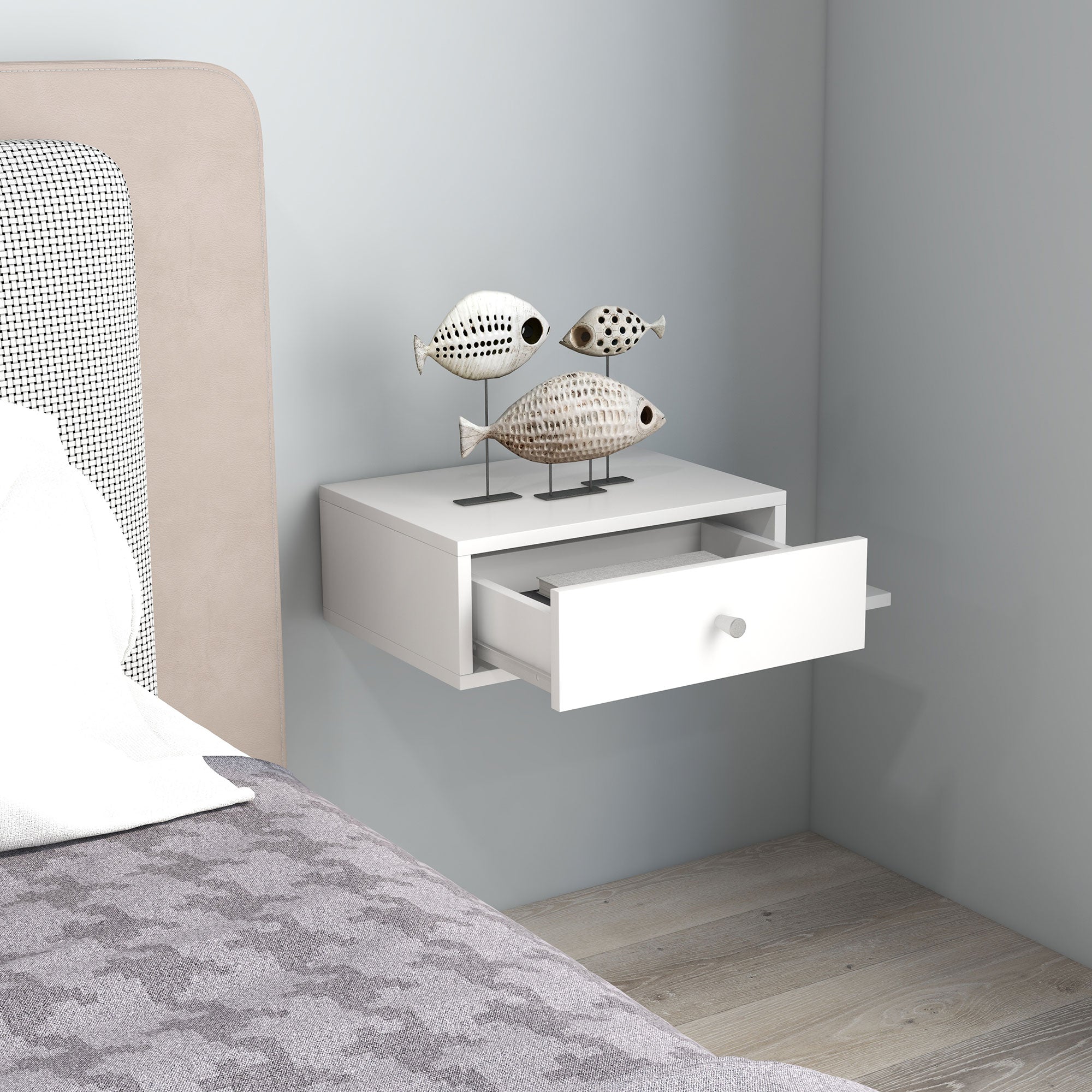 Lot de 2 tables de chevet murales - lot de 2 tables de nuit - étagère latérale et tiroir - 55l x 30P x 15H cm - en bois blanc