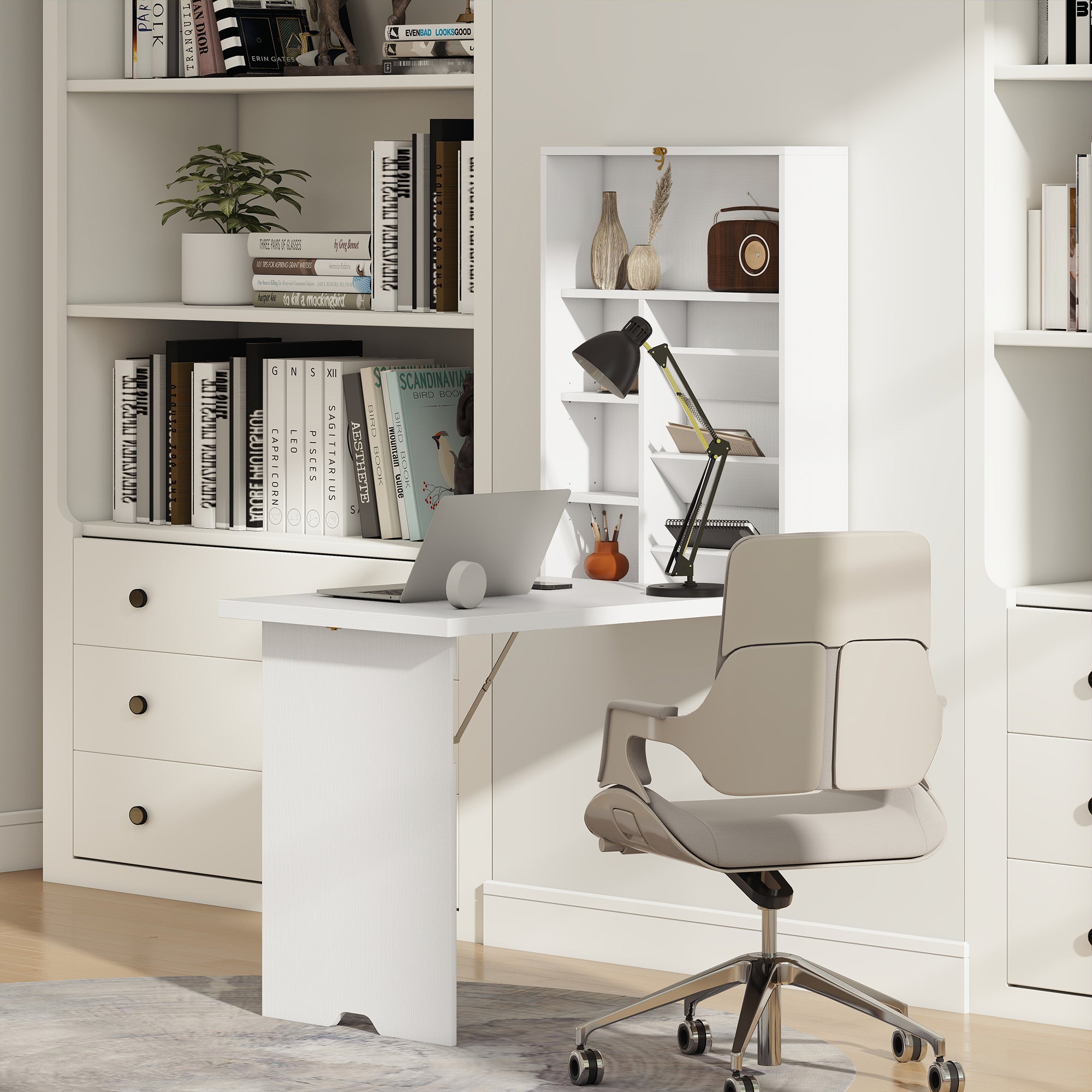 Bureau pliable mural avec étagères de rangement, bureau rabattable, table murale pliante, gain de place idéal pour salon, salle à manger, petit espace, blanc