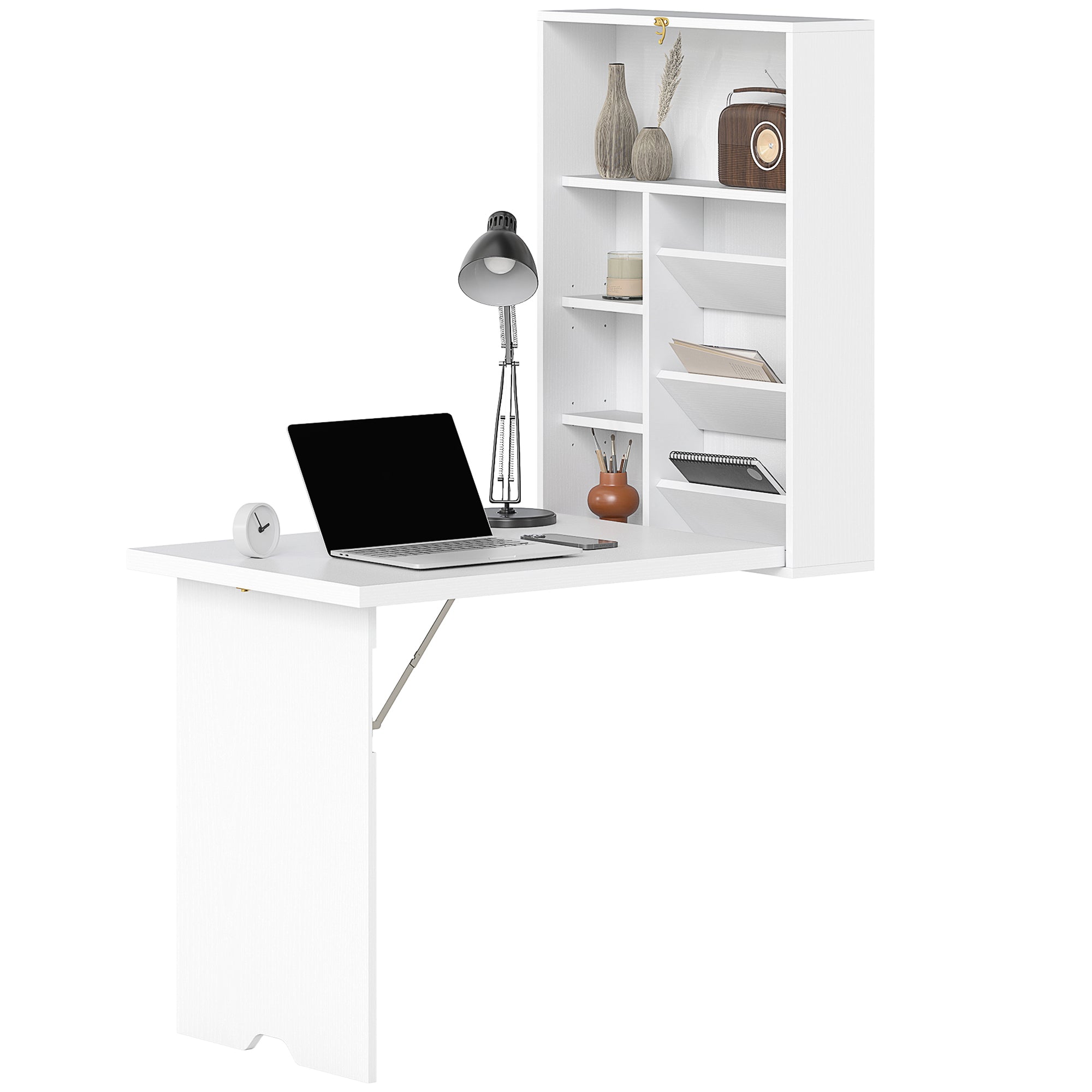 Bureau pliable mural avec étagères de rangement, bureau rabattable, table murale pliante, gain de place idéal pour salon, salle à manger, petit espace, blanc