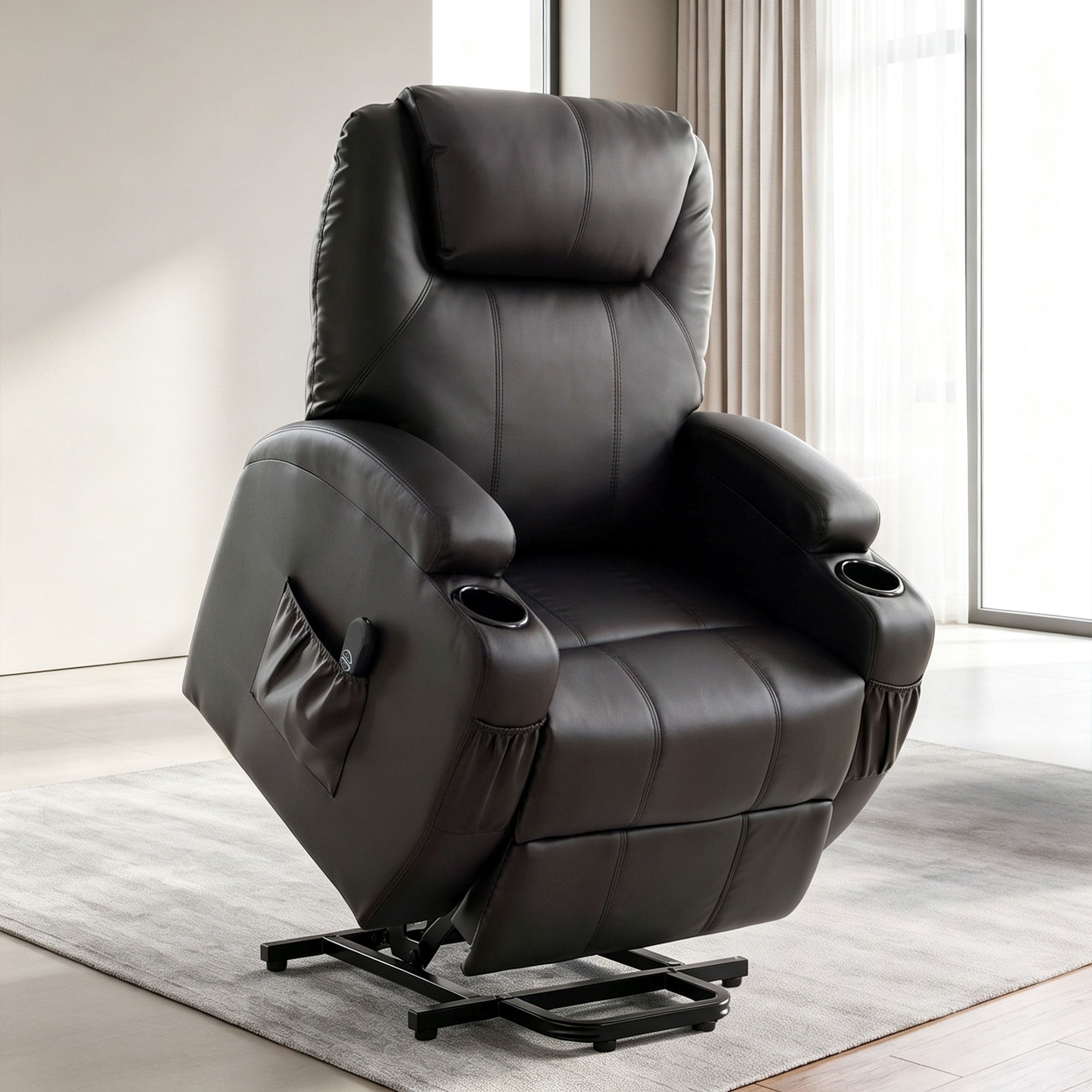 Fauteuil releveur électrique, fauteuil relax électrique en PU, repose-pied, dossier inclinable, port USB, télécommande, porte-gobelets et poches latérales, pour personnes âgées, noir