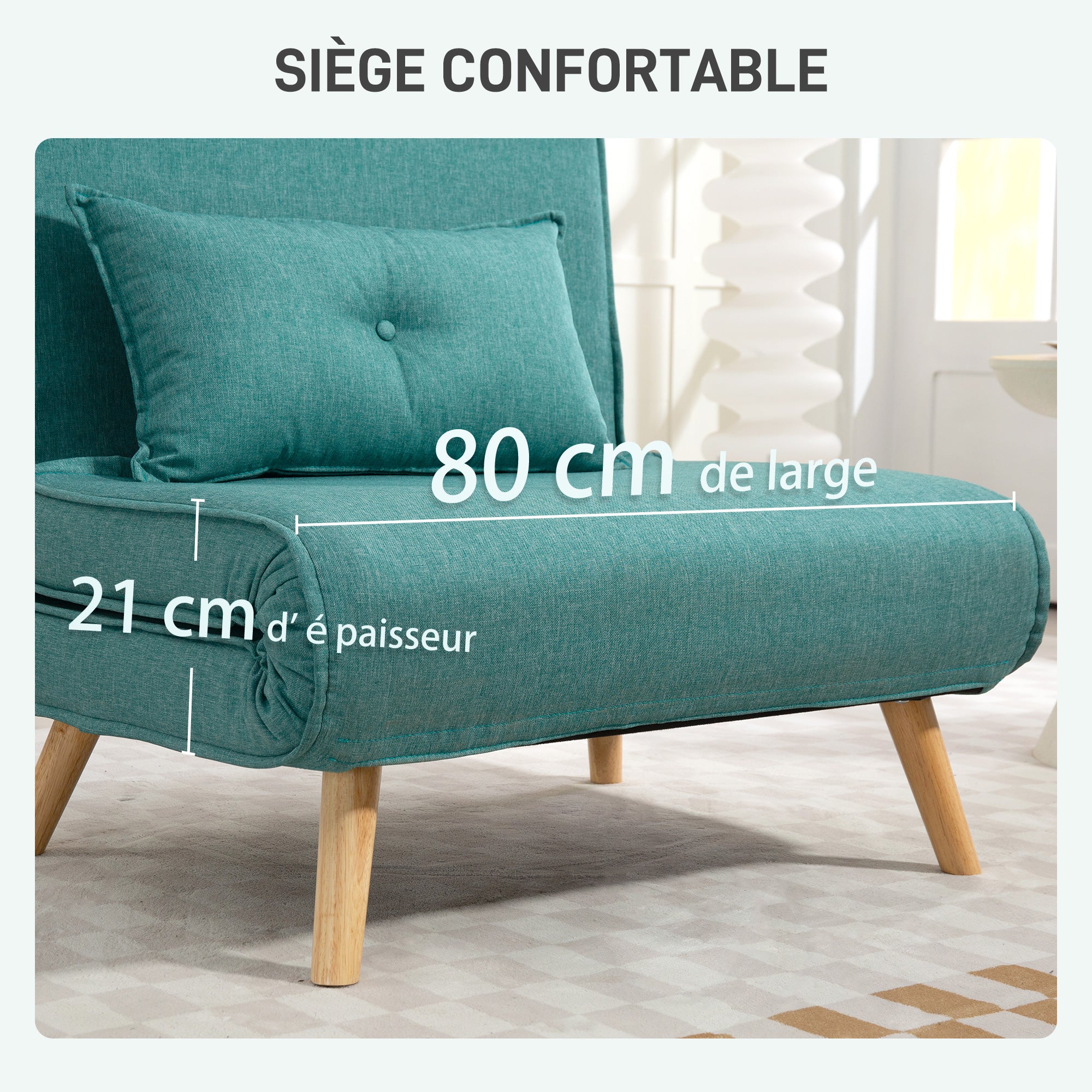 Fauteuil convertible 1 place 3 en 1, chauffeuse et fauteuil lit avec dossier réglable en 5 positions, oreiller inclus, canapé-lit clic-clac pour invités, salon, bureau, vert