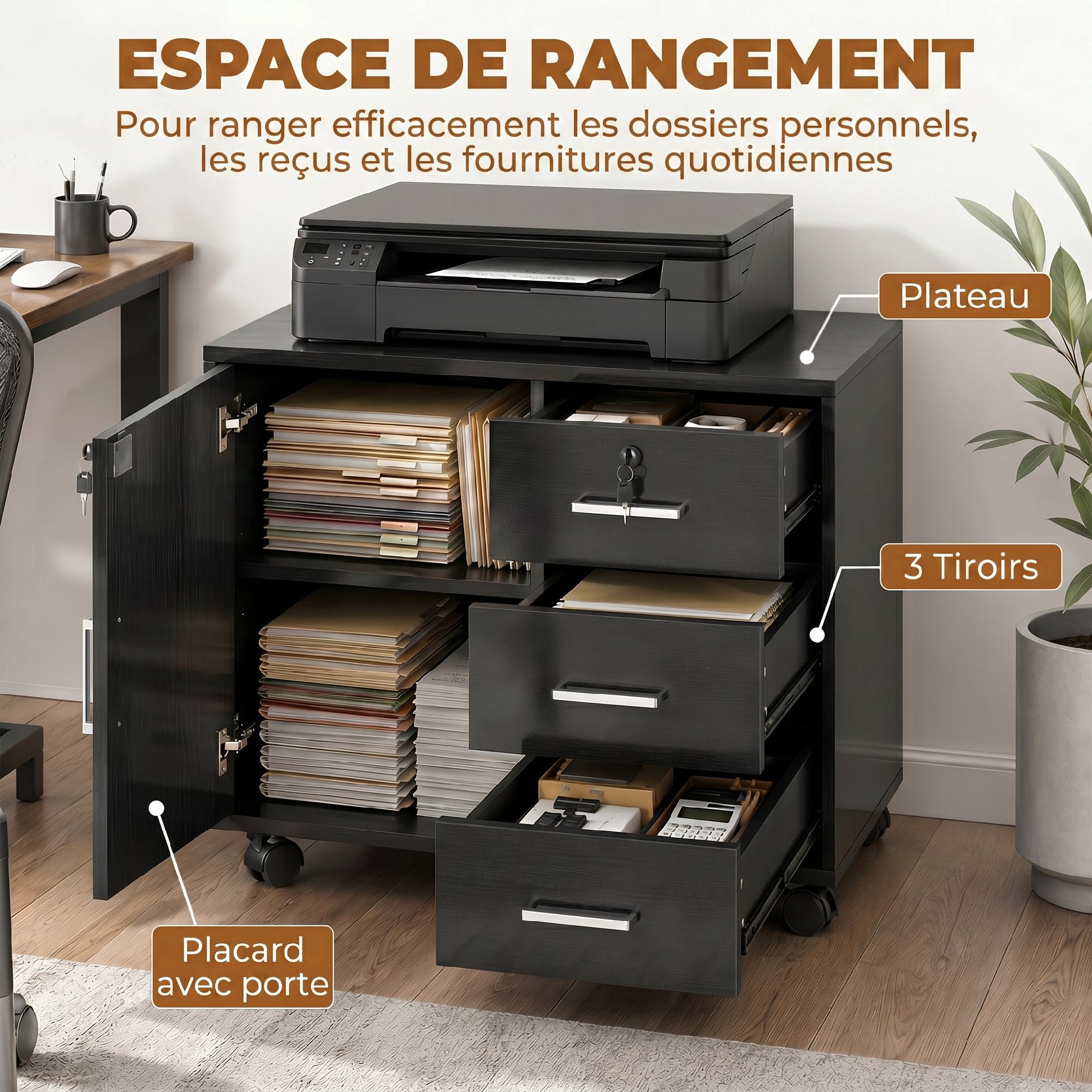 Caisson bureau meuble de rangement avec 3 tiroirs et étagère réglable, armoire rangement bureau verrouillable avec roulettes, dim. 40 x 60 x 56 cm, noir