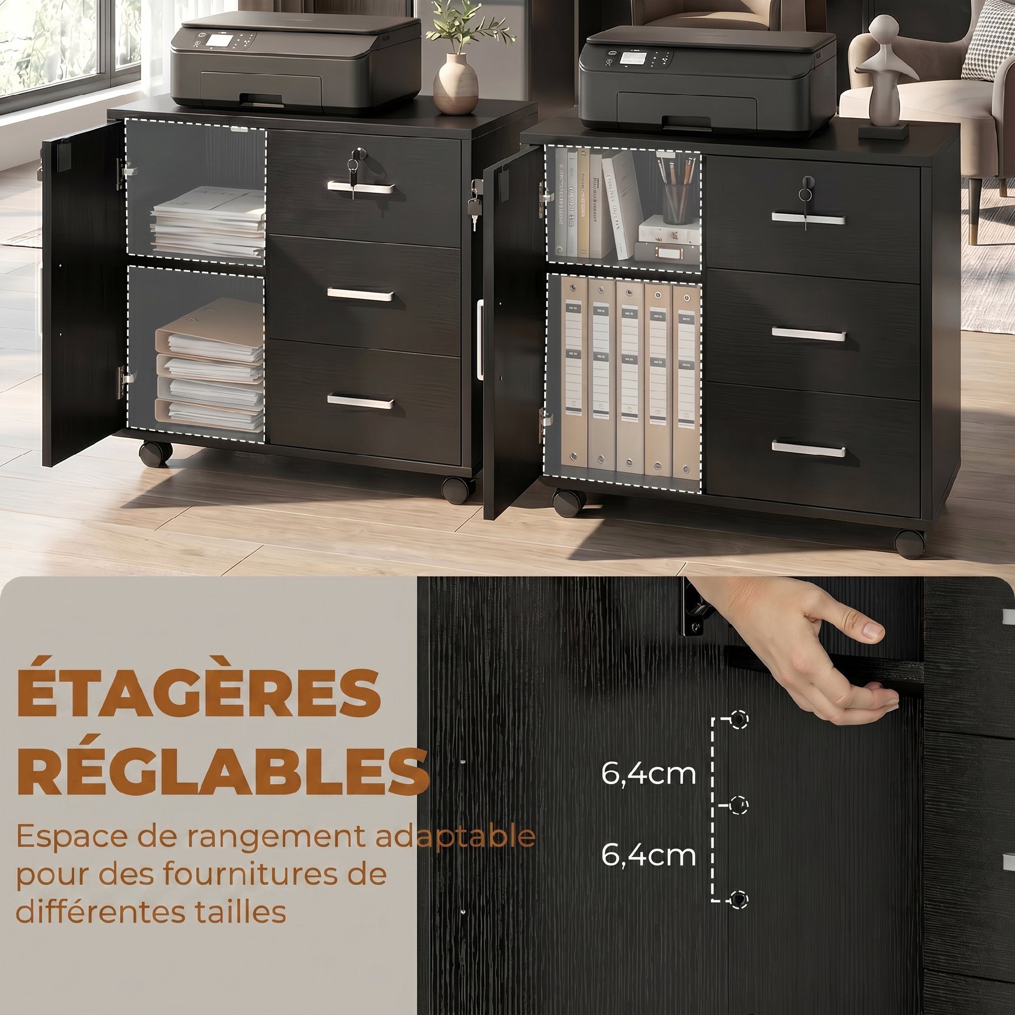 Caisson bureau meuble de rangement avec 3 tiroirs et étagère réglable, armoire rangement bureau verrouillable avec roulettes, dim. 40 x 60 x 56 cm, noir