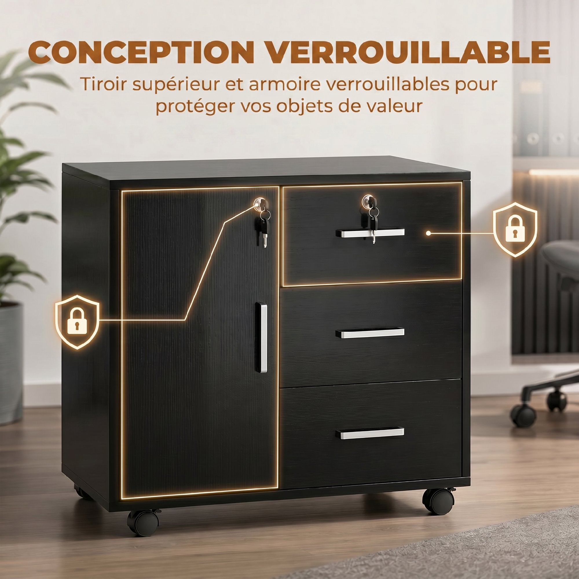Caisson bureau meuble de rangement avec 3 tiroirs et étagère réglable, armoire rangement bureau verrouillable avec roulettes, dim. 40 x 60 x 56 cm, noir
