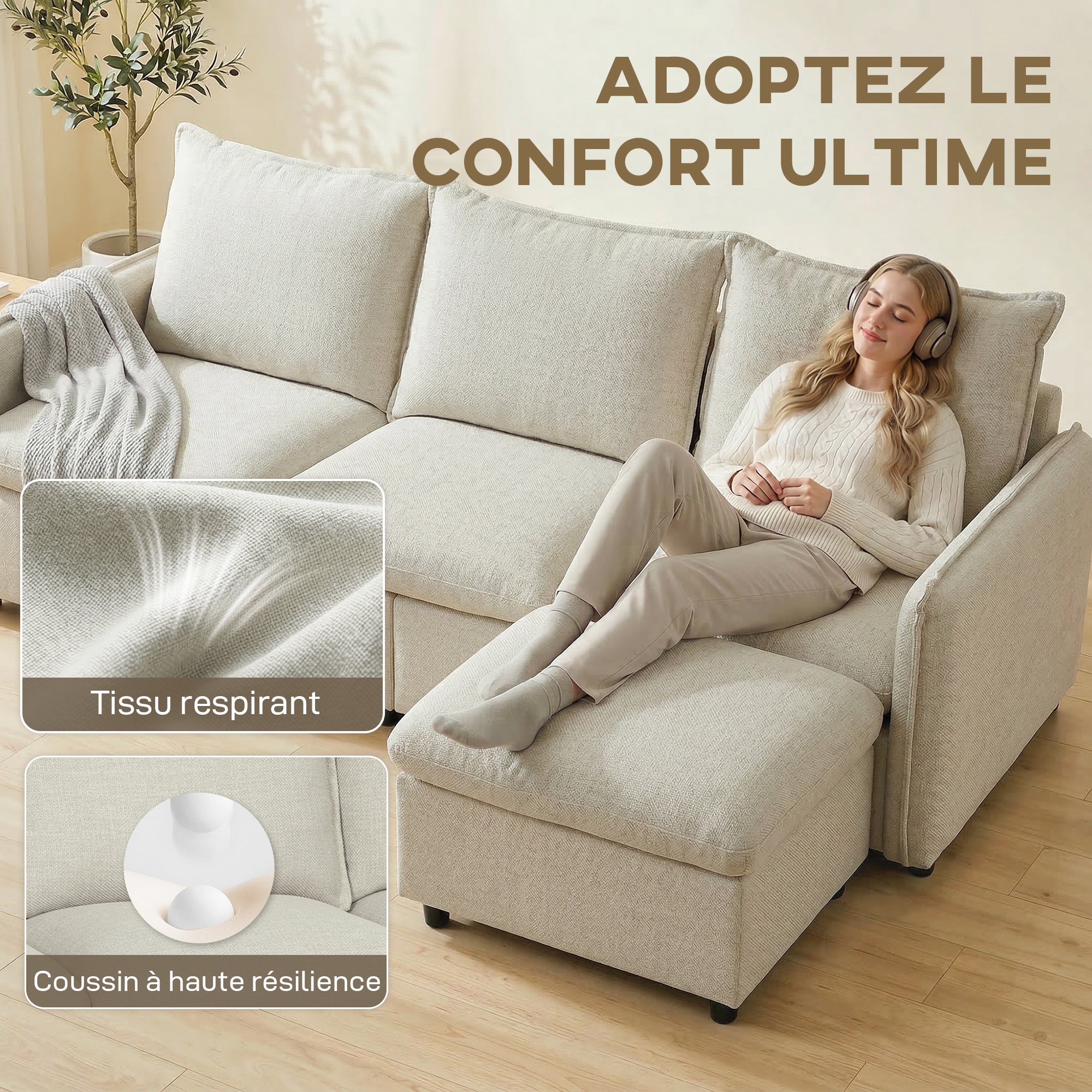 Canapé 3 places avec pouf de rangement, canapé d'angle modulable 212 cm, design moderne, assise rembourrée, coussins à ressorts, tissu en lin, pour salon, chambre, bureau, crème