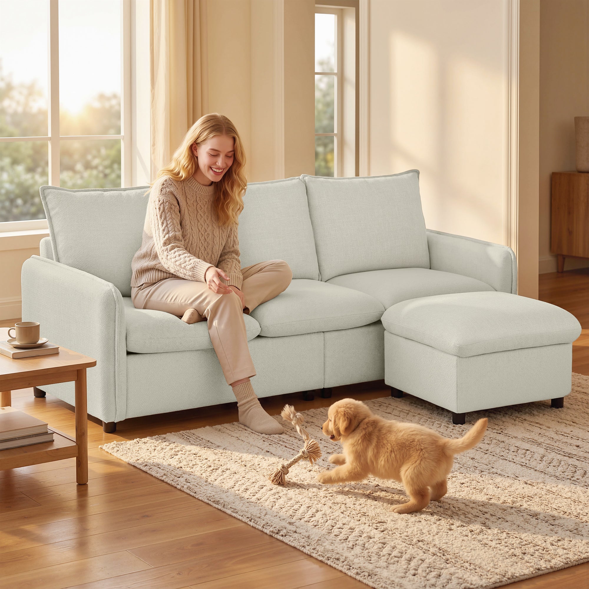 Canapé 3 places avec pouf de rangement, canapé d'angle modulable 212 cm, design moderne, assise rembourrée, coussins à ressorts, tissu en lin, pour salon, chambre, bureau, crème