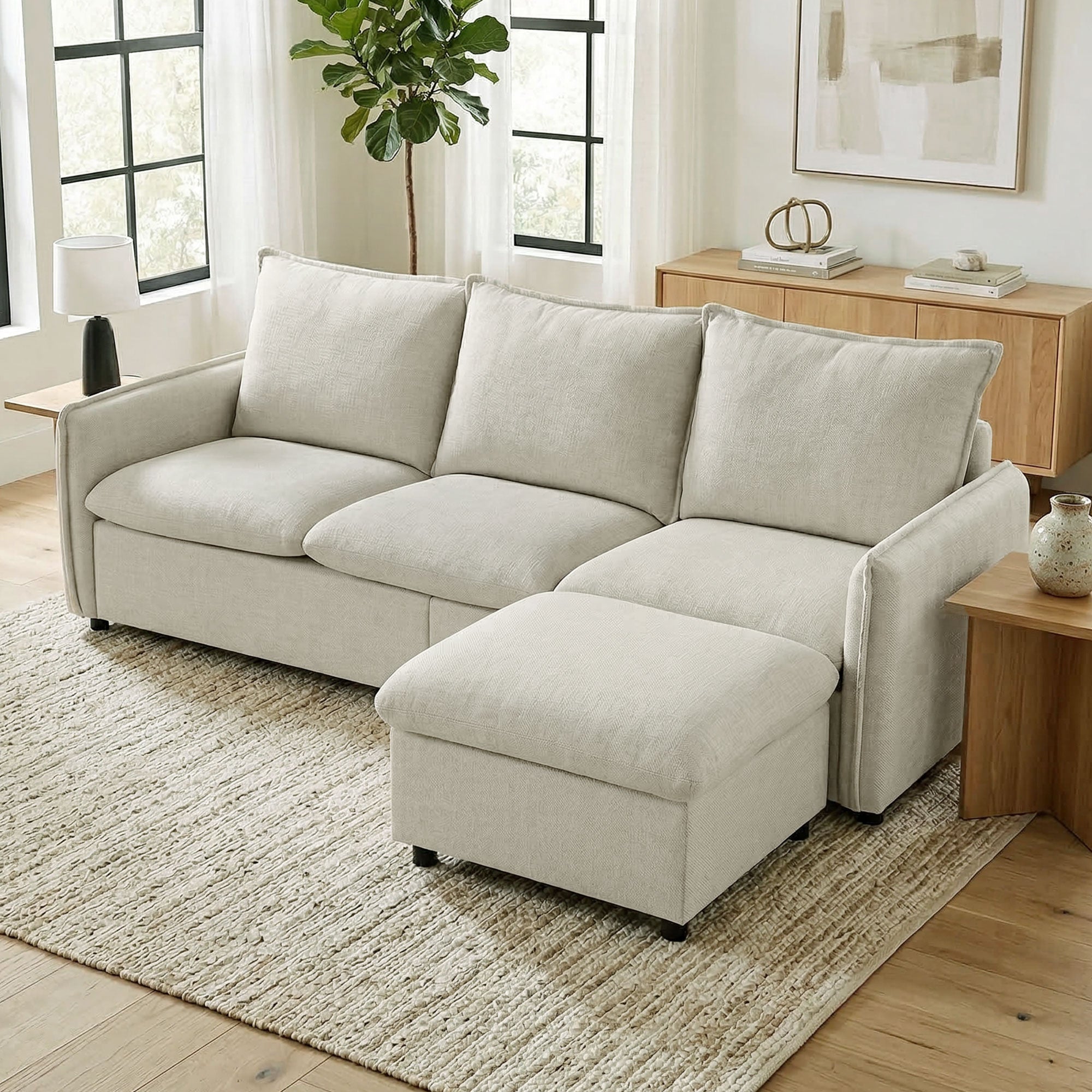 Canapé 3 places avec pouf de rangement, canapé d'angle modulable 212 cm, design moderne, assise rembourrée, coussins à ressorts, tissu en lin, pour salon, chambre, bureau, crème