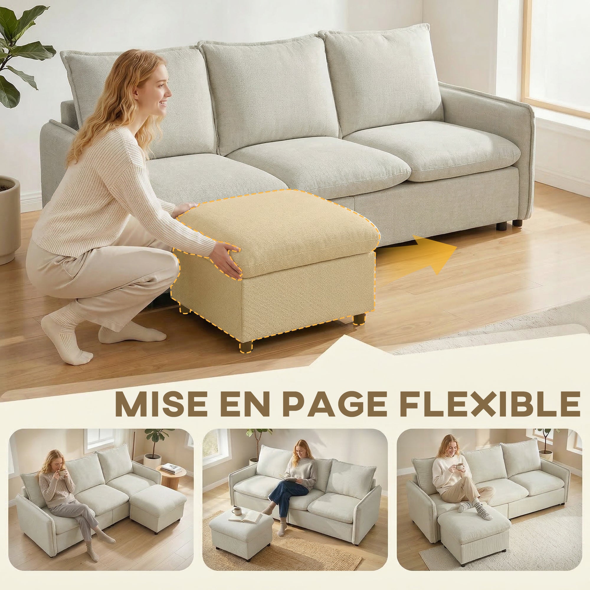 Canapé 3 places avec pouf de rangement, canapé d'angle modulable 212 cm, design moderne, assise rembourrée, coussins à ressorts, tissu en lin, pour salon, chambre, bureau, crème