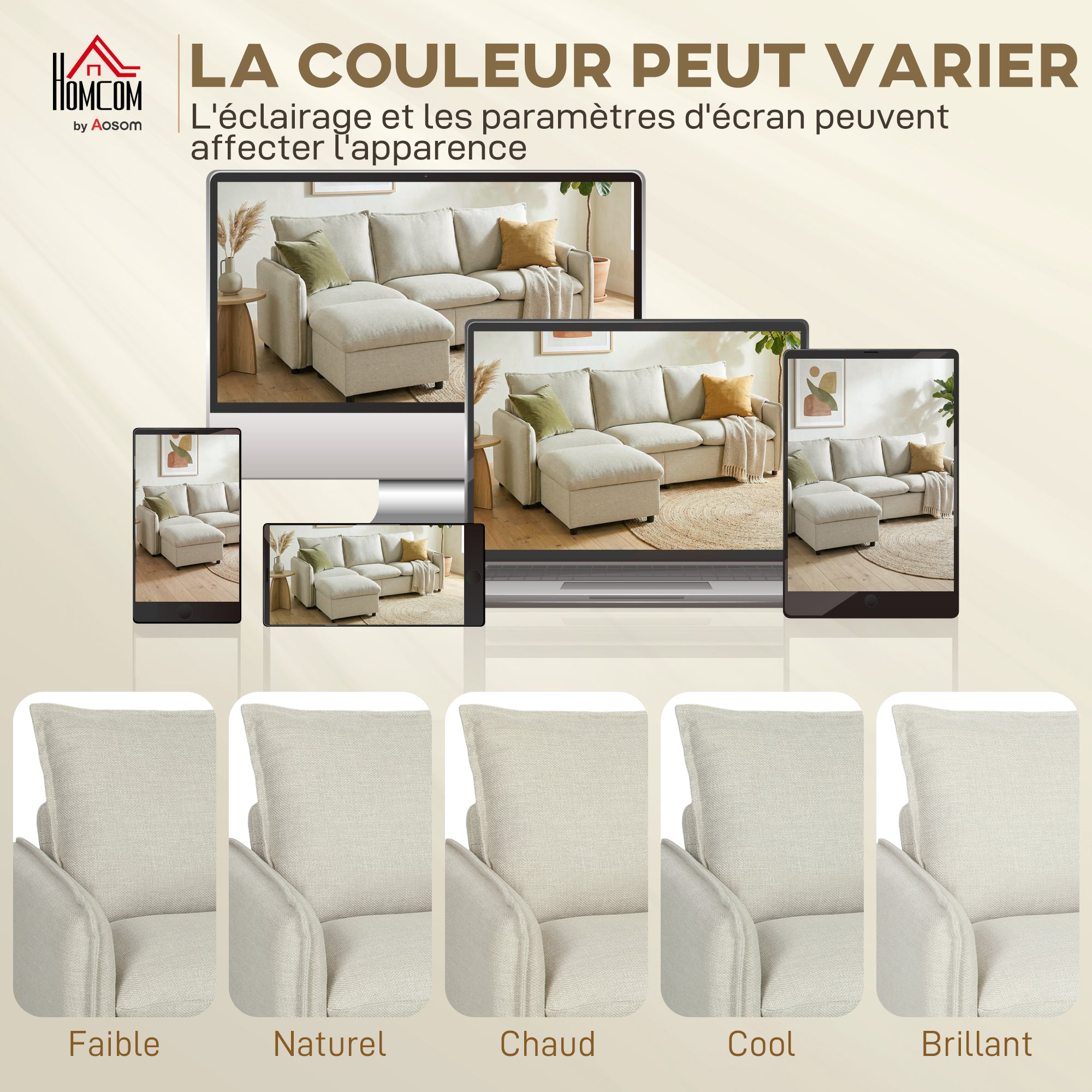 Canapé 3 places avec pouf de rangement, canapé d'angle modulable 212 cm, design moderne, assise rembourrée, coussins à ressorts, tissu en lin, pour salon, chambre, bureau, crème