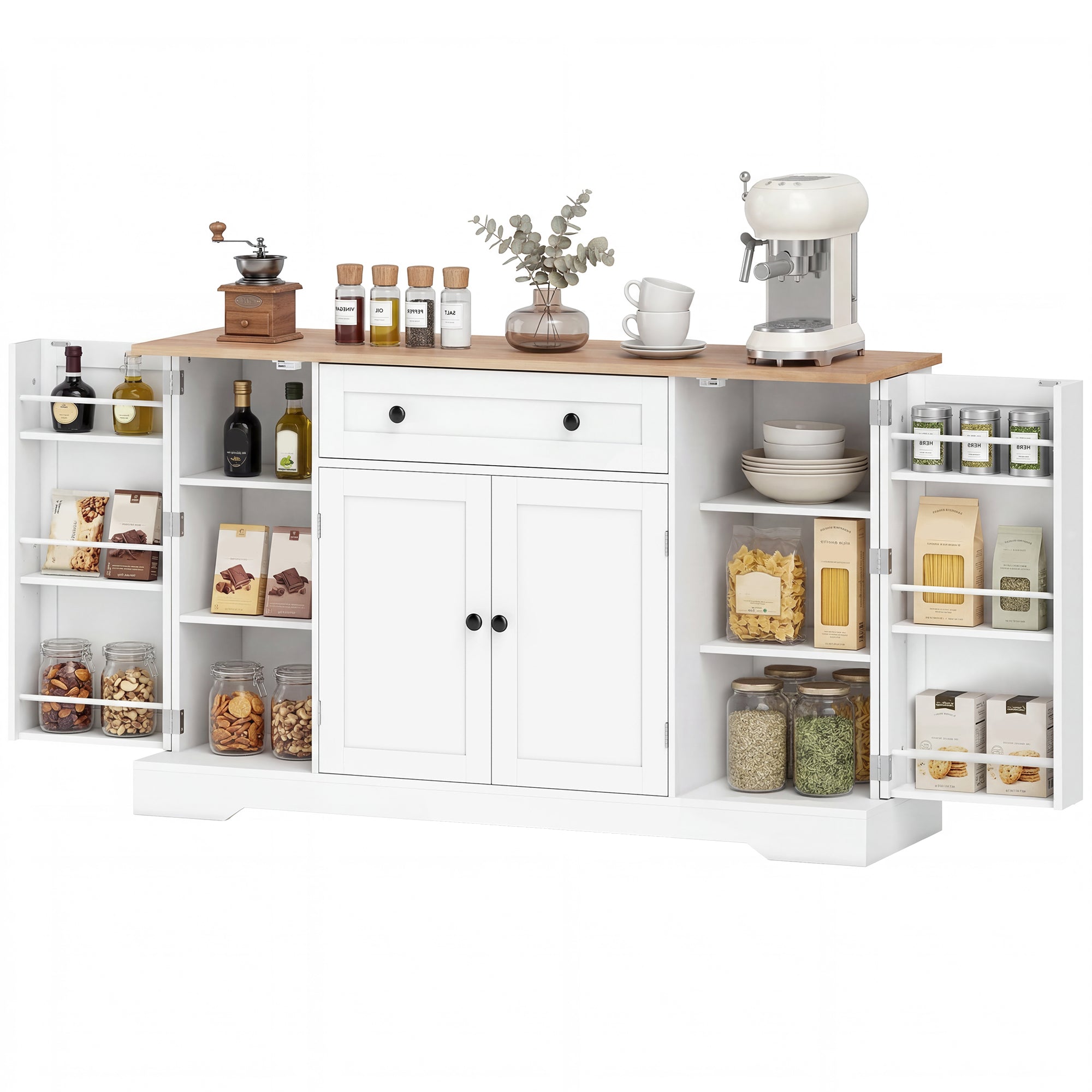 Buffet Cuisine, Meuble de Rangement avec Tiroir, 4 Portes, Étagères Réglables et 6 Racks de Porte, Style Moderne, Buffet Salle à Manger, Salon et Chambre, 138 x 40 x 83,5 cm, Blanc