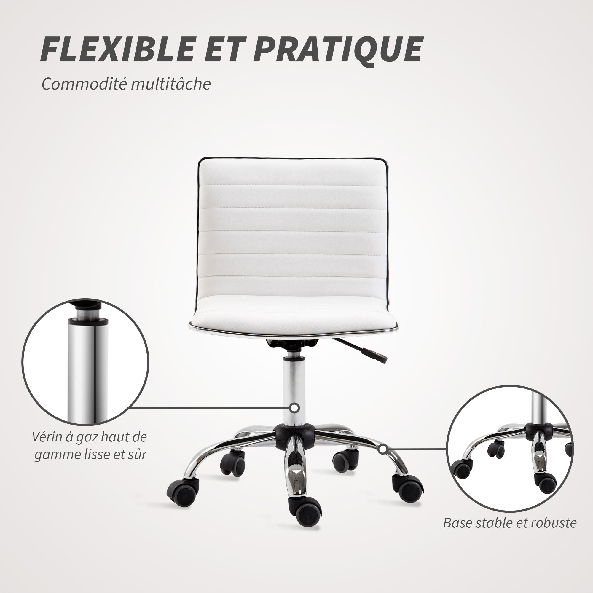Chaise de bureau sans accoudoirs, fauteuil de bureau ergonomique, hauteur réglable, assise et dossier rembourrés et pivotant 360°, chaise d'ordinateur en similicuir pour bureau, chambre, blanc