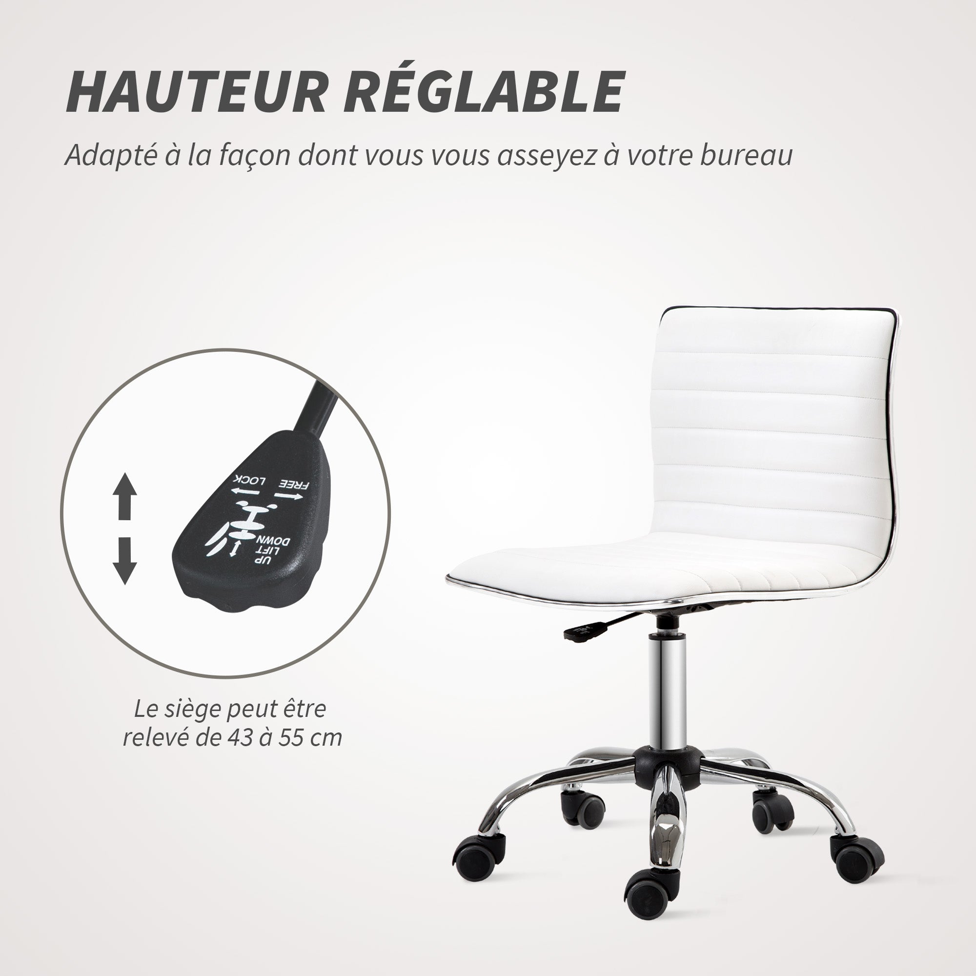 Chaise de bureau sans accoudoirs, fauteuil de bureau ergonomique, hauteur réglable, assise et dossier rembourrés et pivotant 360°, chaise d'ordinateur en similicuir pour bureau, chambre, blanc