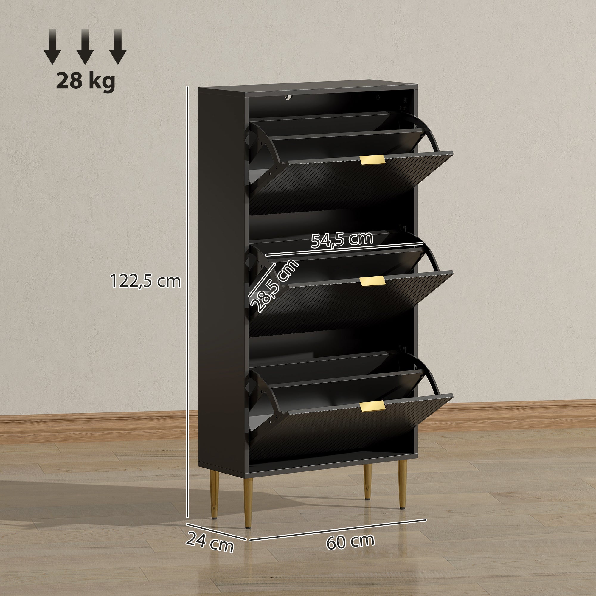 Meuble à chaussures 18 paires, armoire à chaussures étroite moderne avec 3 tiroirs rabattables, portes cannelées et étagères réglables, pour couloir et entrée, 60 x 24 x 122,5 cm, noir