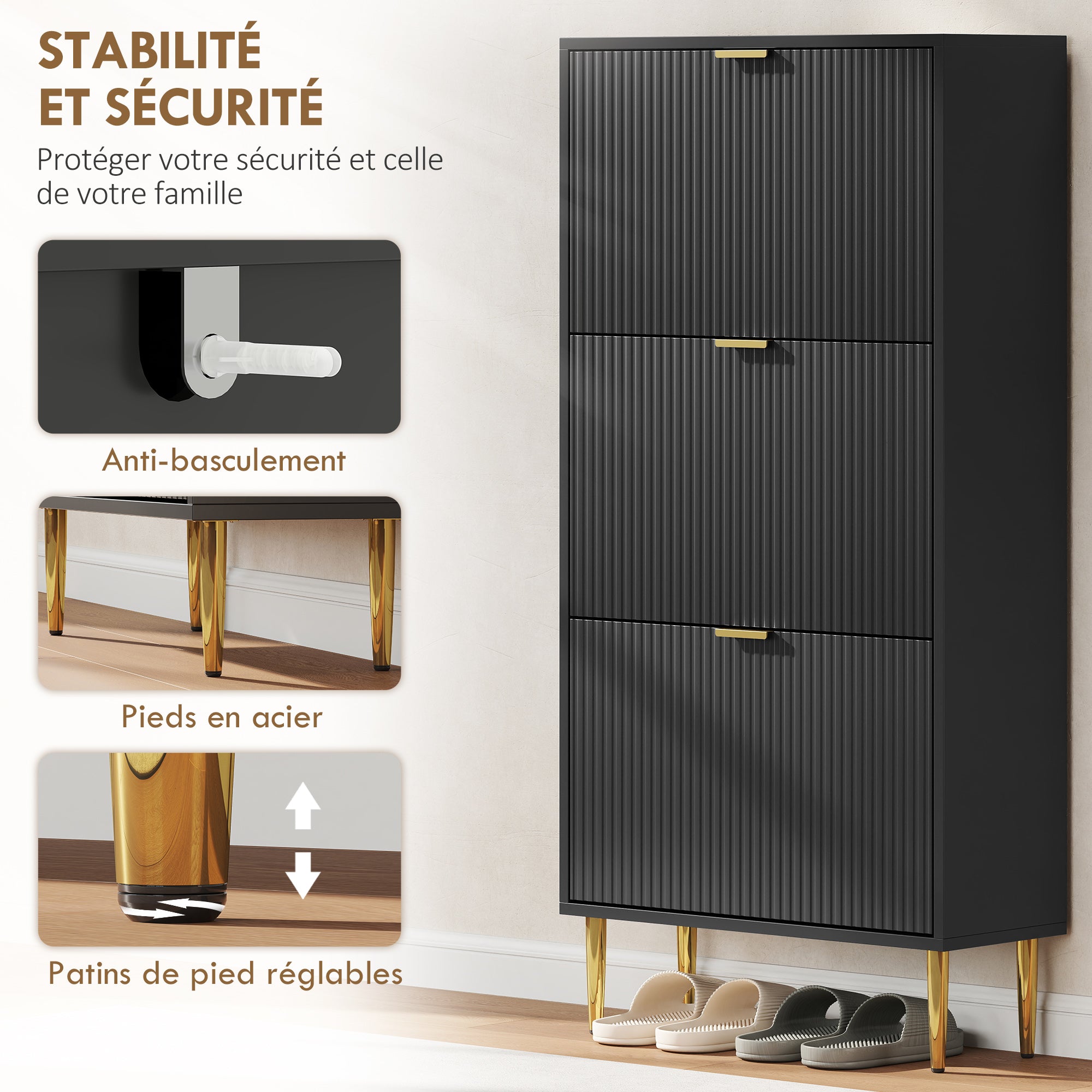 Meuble à chaussures 18 paires, armoire à chaussures étroite moderne avec 3 tiroirs rabattables, portes cannelées et étagères réglables, pour couloir et entrée, 60 x 24 x 122,5 cm, noir