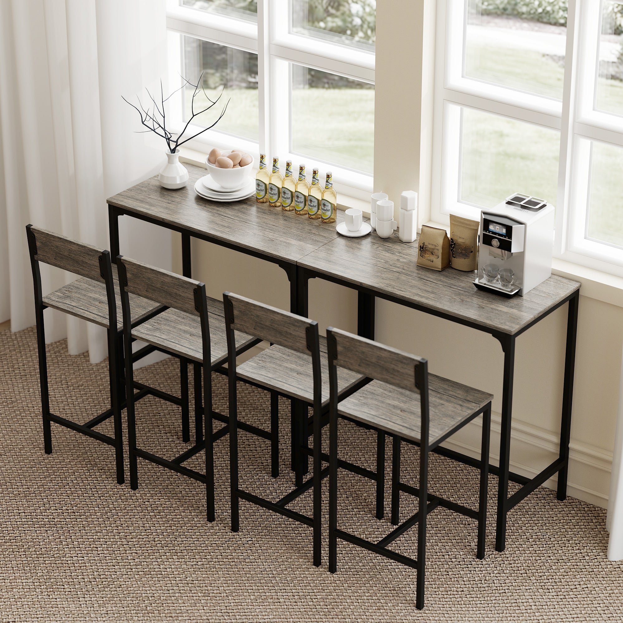 Ensemble table de bar avec tabourets, table à manger debout avec 2 chaises de bar, repose-pieds et dossiers, style industriel, cadre en métal, pour cuisine, salle à manger et salon, gris