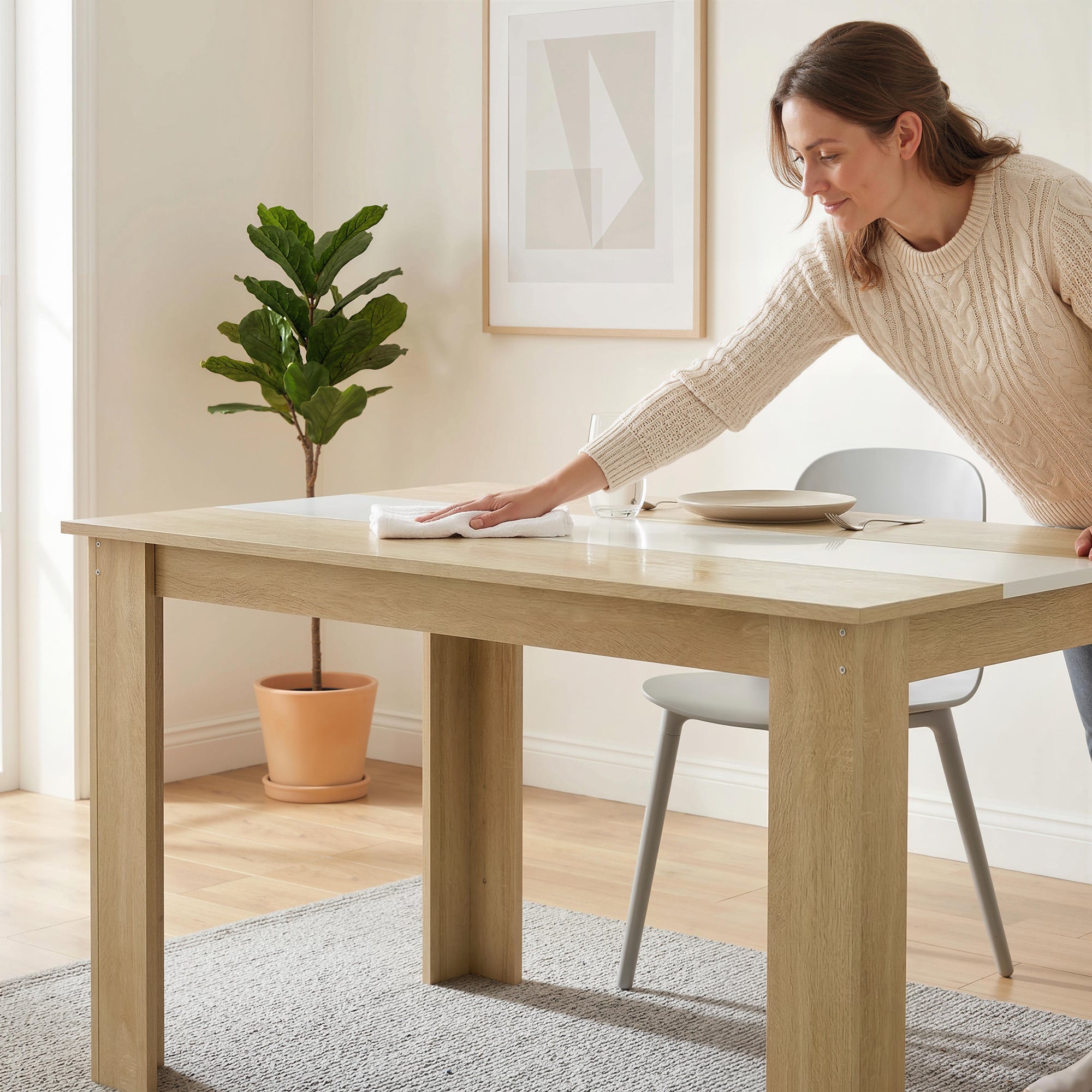 Table à manger rectangulaire pour 4 à 6 personnes, table de cuisine, 120 x 69 x 75 cm, style moderne, pieds triangulaires plus stable, chêne et blanc