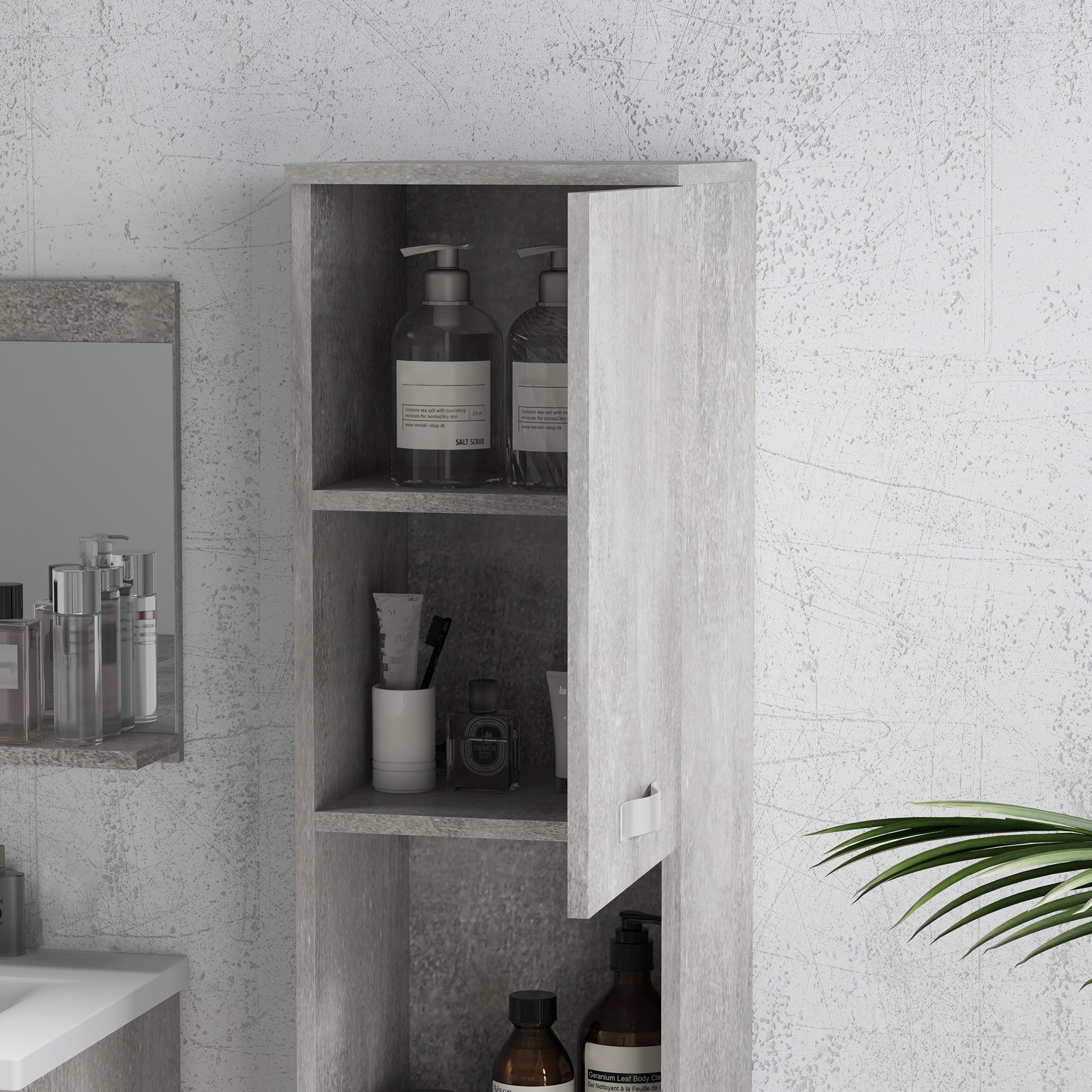 Ensemble de meubles de salle de bain 3 pièces meubles de toilette avec miroir étagère + meuble vasque + meuble colonne suspendus, gris