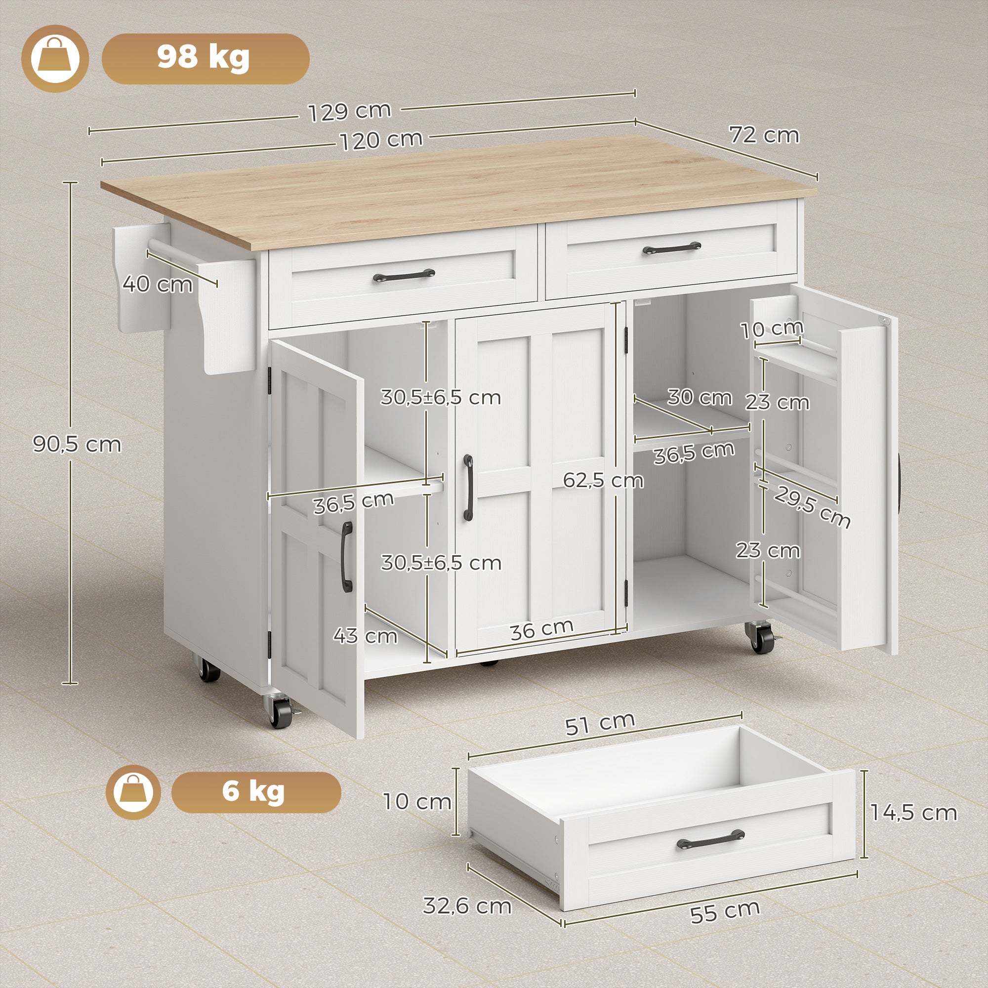 Îlot Central Cuisine avec Plateau Rabattable, Desserte de Cuisine sur Roulettes avec 2 Tiroirs, 3 Portes, Porte-Racks, Porte-Serviettes et Étagère Réglable, 129 x 72 x 90,5 cm, Blanc