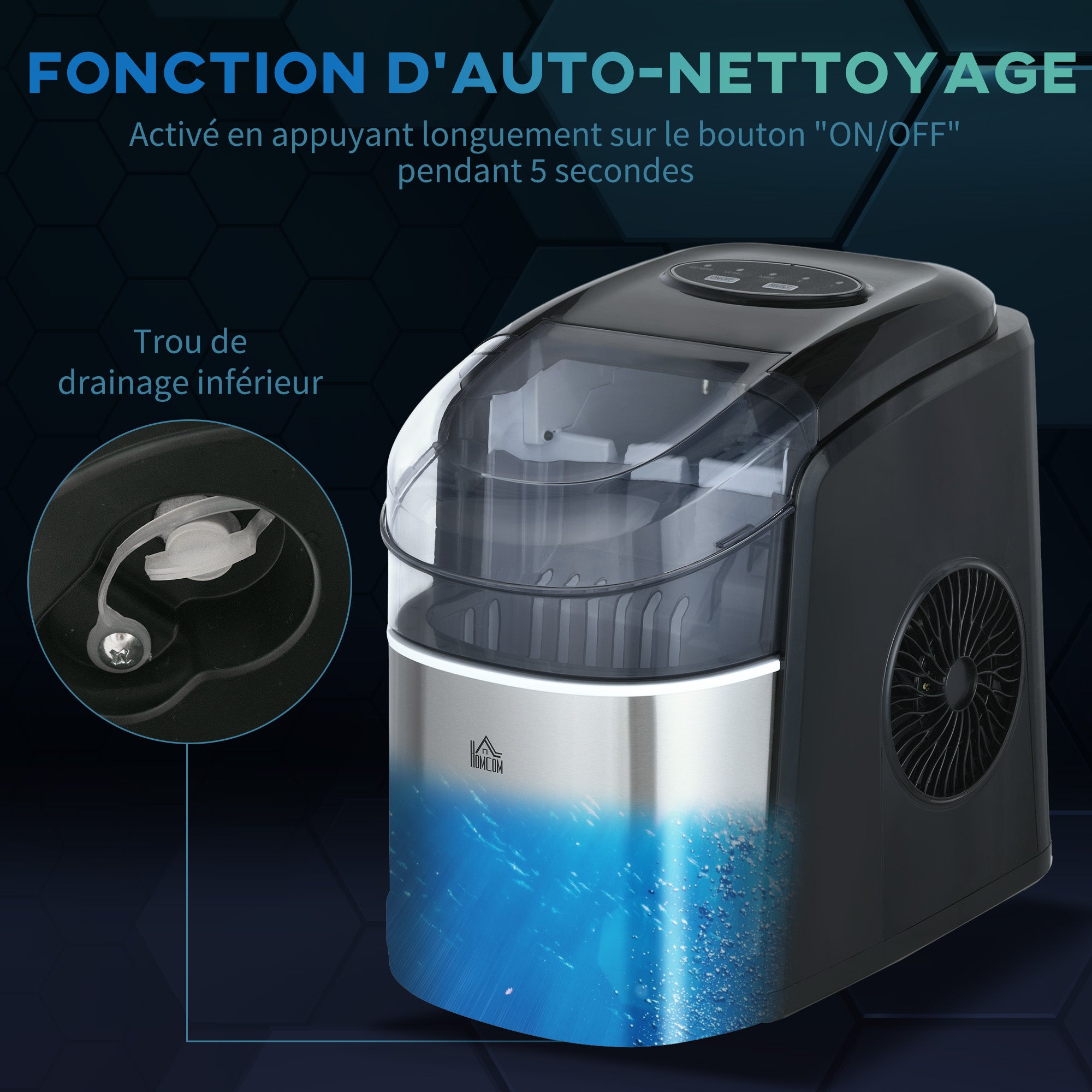 Machine à glaçons 12kg en 24h, Machine Glacon autonettoyant, capacité réservoir 1,8 L, Affichage LED, pelle et panier inclus, en acier Inox pour Maison, Cuisine, Bar
