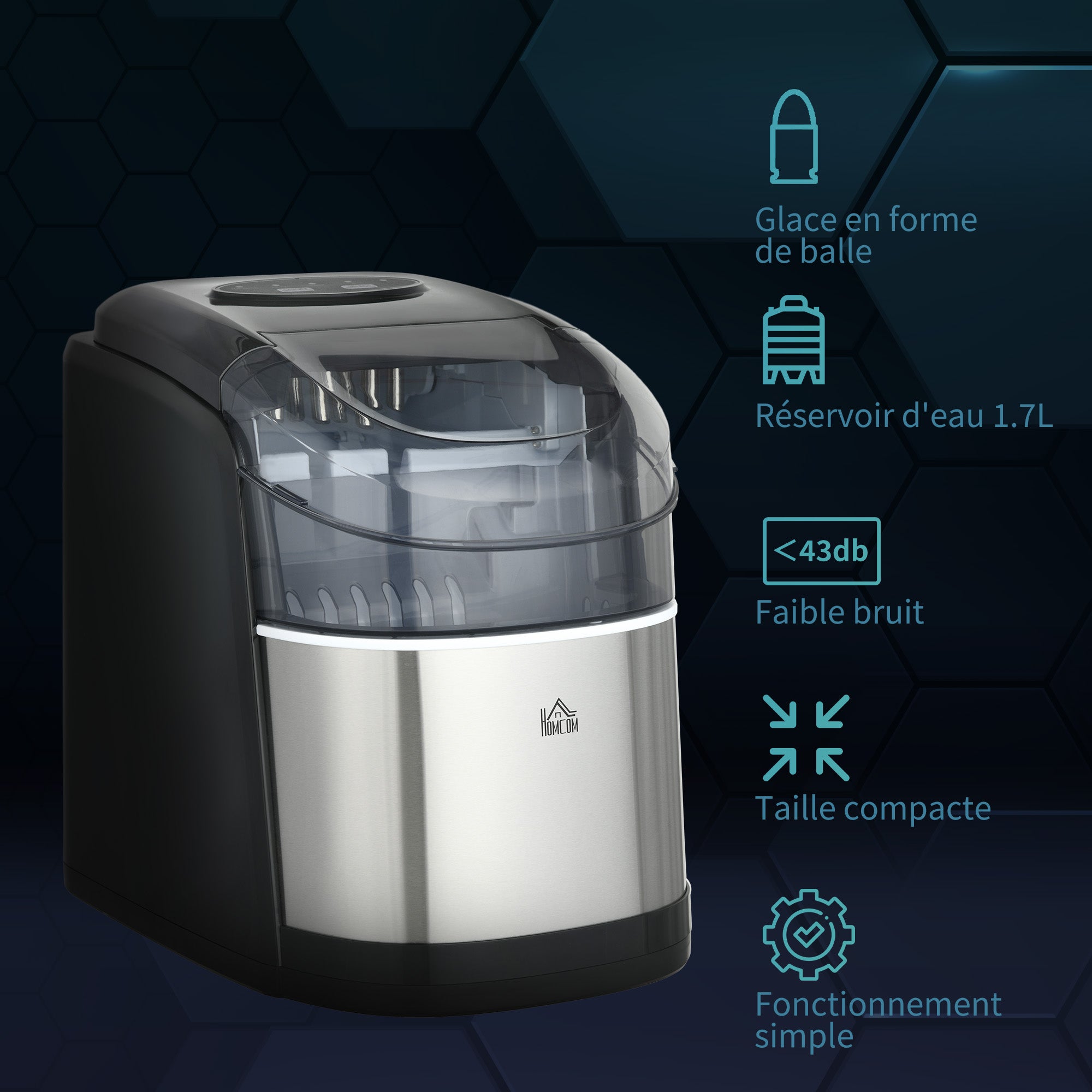 Machine à glaçons 12kg en 24h, Machine Glacon autonettoyant, capacité réservoir 1,8 L, Affichage LED, pelle et panier inclus, en acier Inox pour Maison, Cuisine, Bar