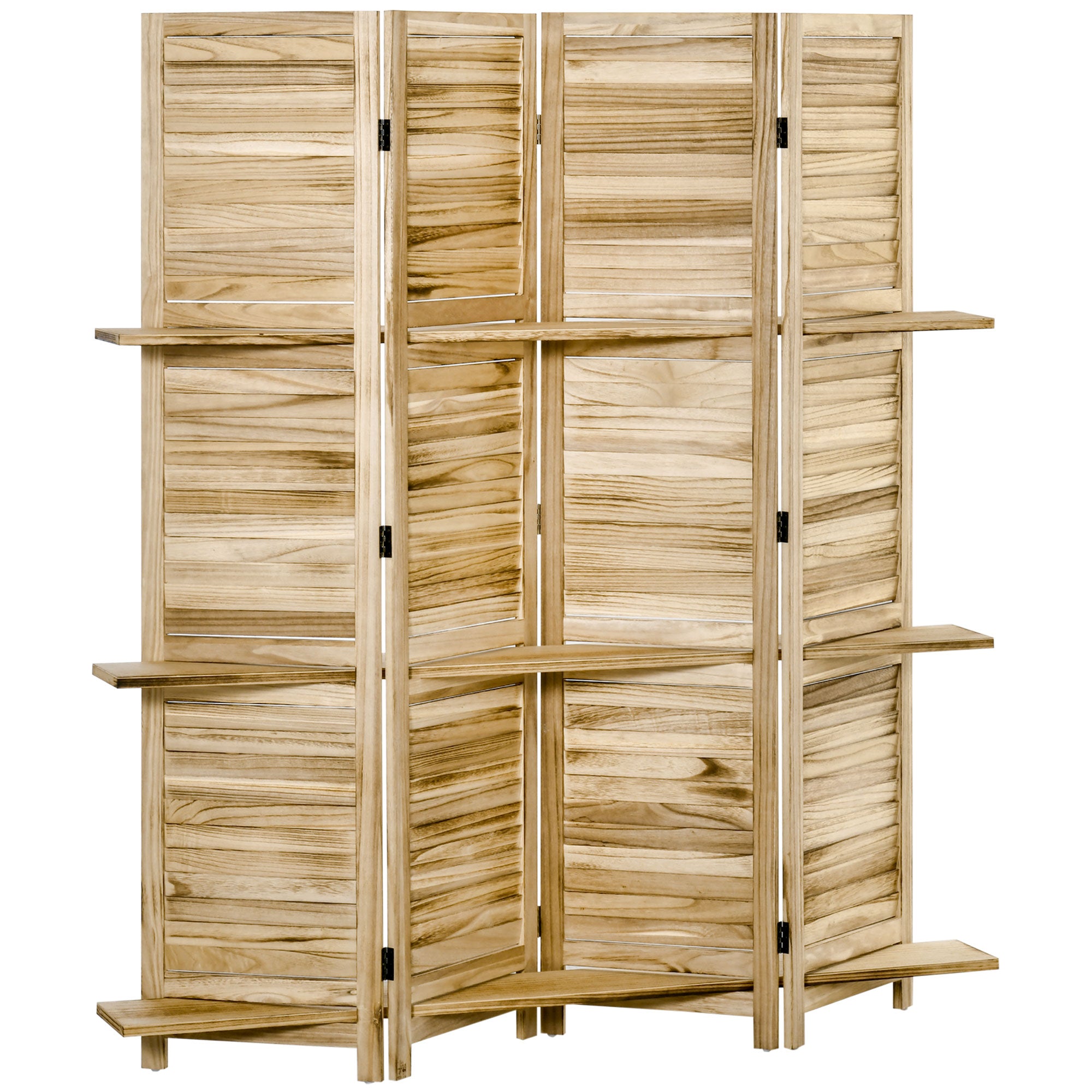 Paravent intérieur 4 Panneaux 162L x 170H cm 3 étagères Pliables séparateur de pièce Portes persiennes Bois de Paulownia Naturel