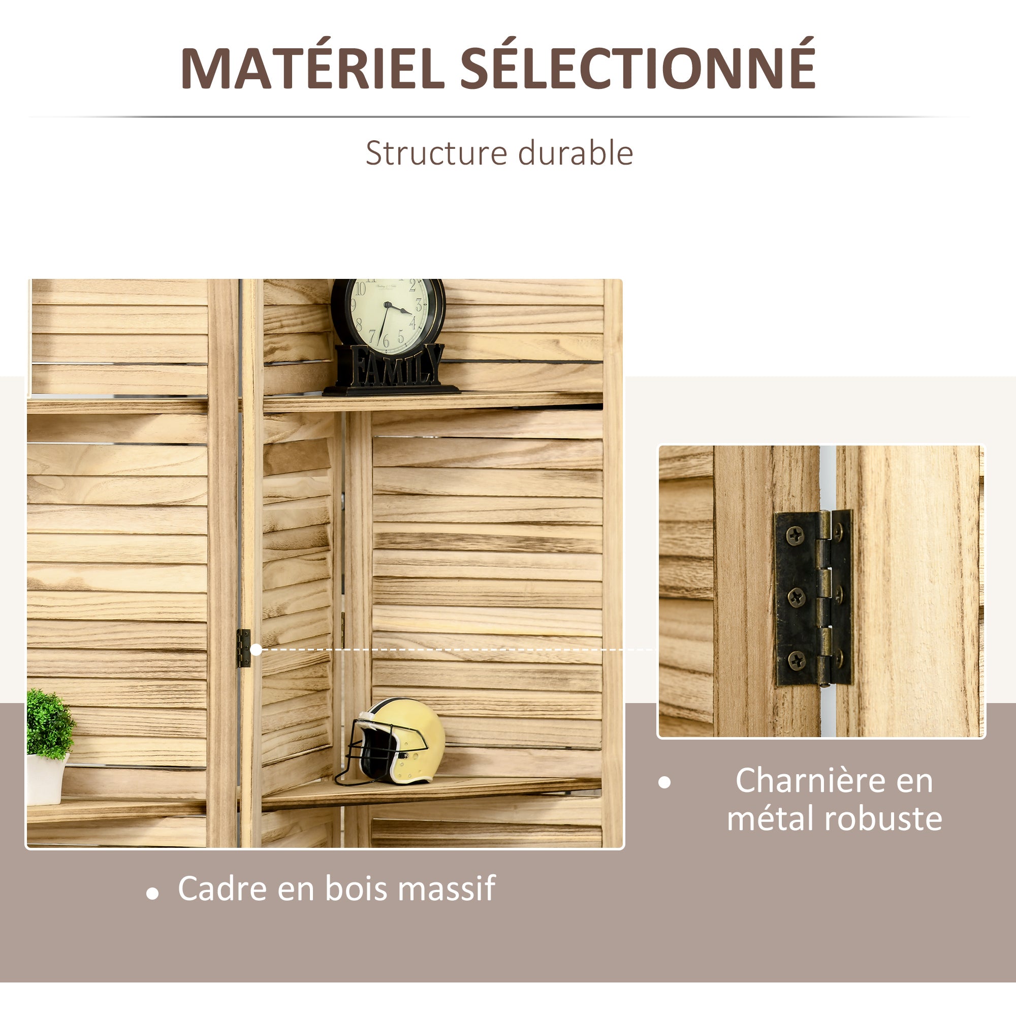Paravent intérieur 4 Panneaux 162L x 170H cm 3 étagères Pliables séparateur de pièce Portes persiennes Bois de Paulownia Naturel