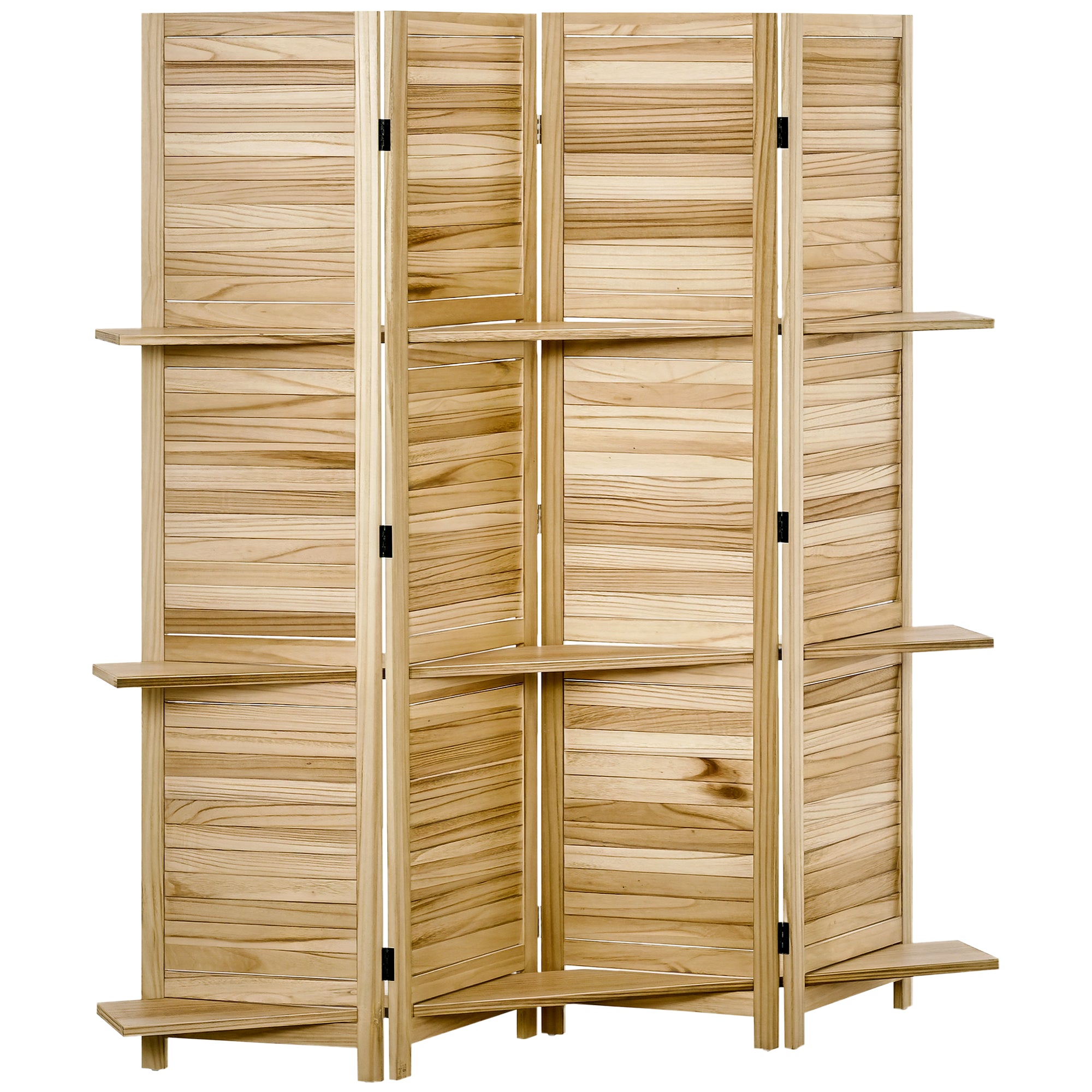 Paravent intérieur 4 Panneaux 162L x 170H cm 3 étagères Pliables séparateur de pièce Portes persiennes Bois de Paulownia Naturel