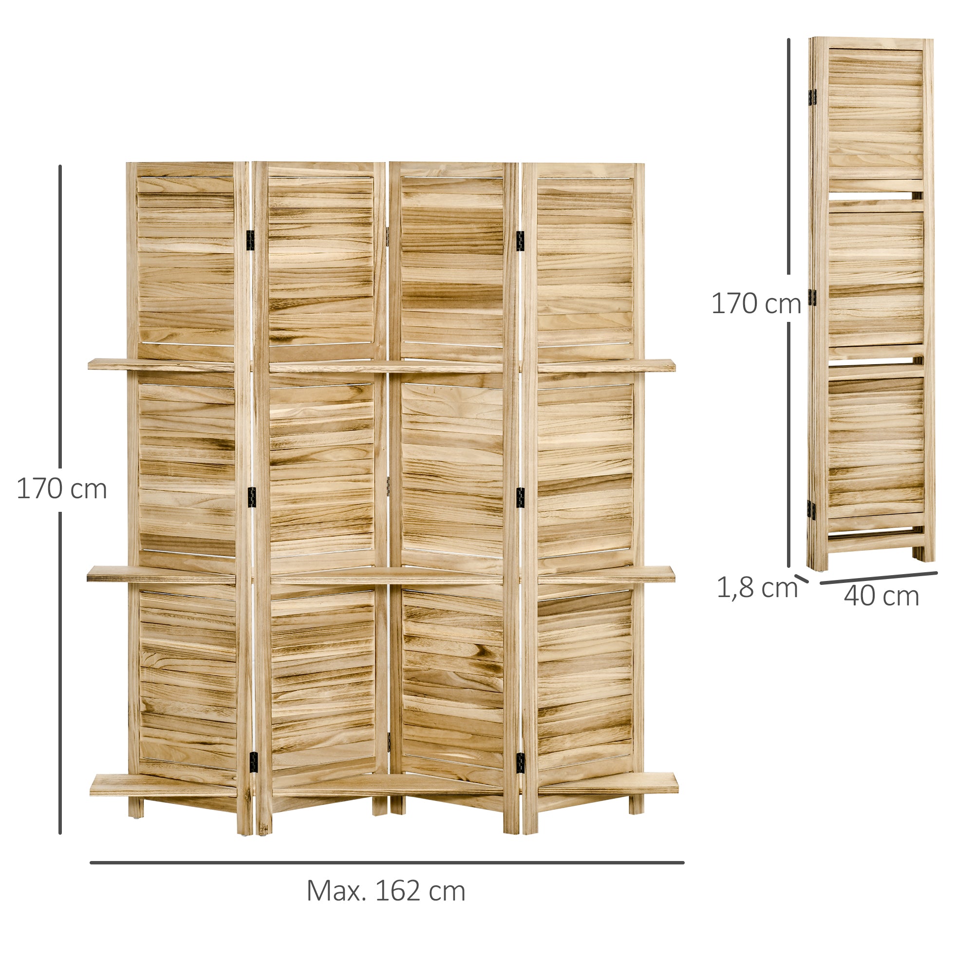 Paravent intérieur 4 Panneaux 162L x 170H cm 3 étagères Pliables séparateur de pièce Portes persiennes Bois de Paulownia Naturel