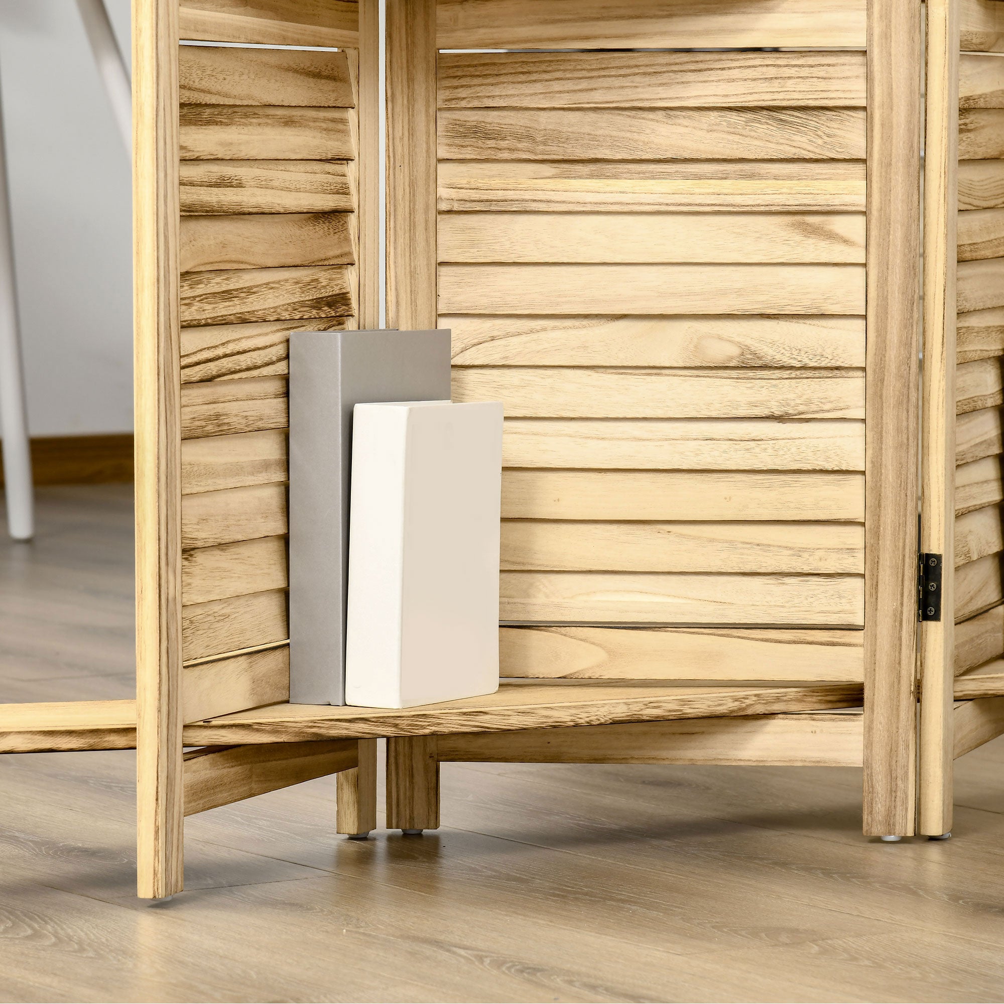 Paravent intérieur 4 Panneaux 162L x 170H cm 3 étagères Pliables séparateur de pièce Portes persiennes Bois de Paulownia Naturel