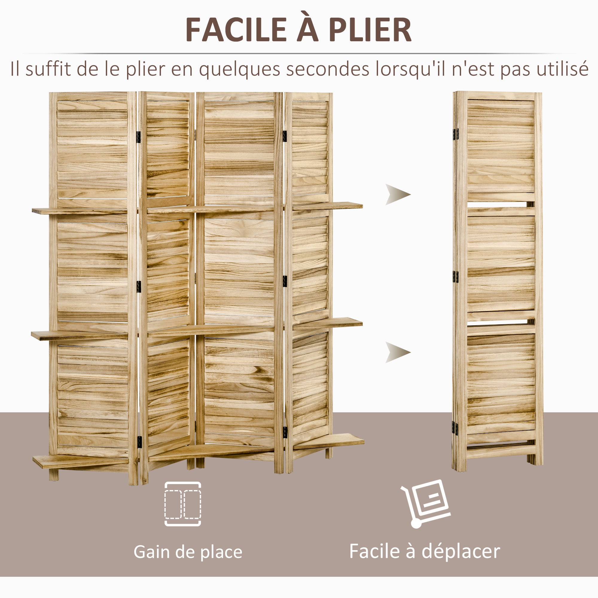 Paravent intérieur 4 Panneaux 162L x 170H cm 3 étagères Pliables séparateur de pièce Portes persiennes Bois de Paulownia Naturel