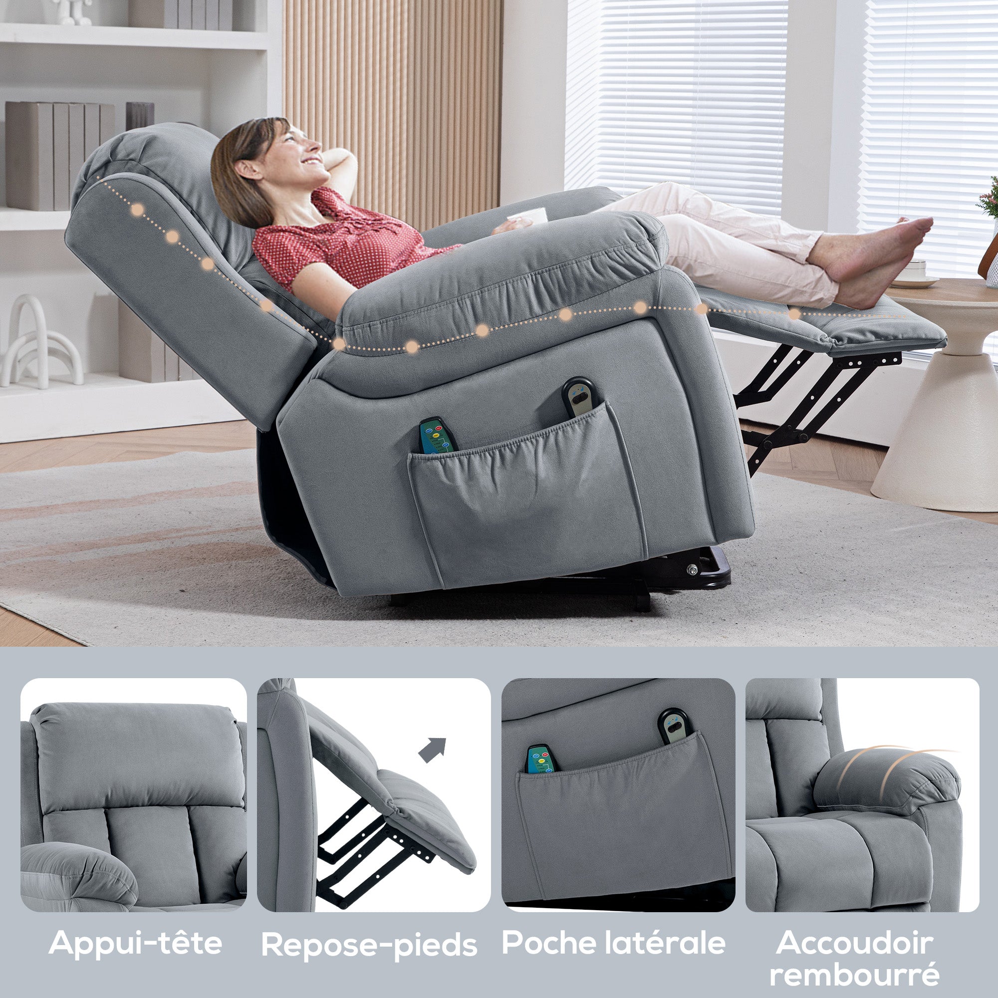 Fauteuil relax électrique, fauteuil électrique releveur, massage et chaleur, inclinaison réglable, assise large, revêtement synthétique, fauteuil relaxant avec repose-pied, télécommandes, gris