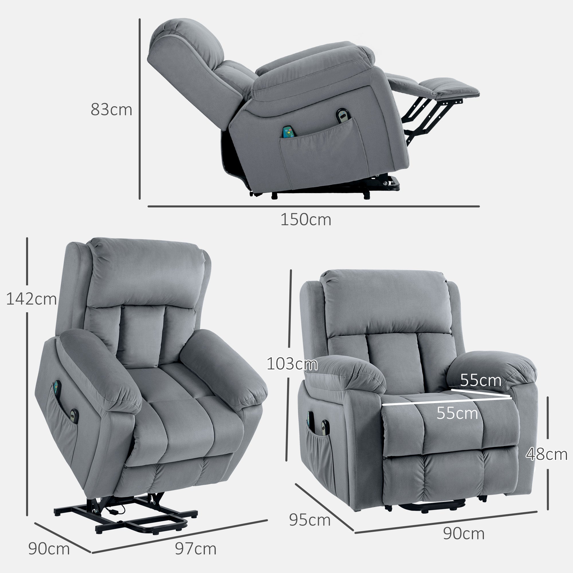 Fauteuil relax électrique, fauteuil électrique releveur, massage et chaleur, inclinaison réglable, assise large, revêtement synthétique, fauteuil relaxant avec repose-pied, télécommandes, gris