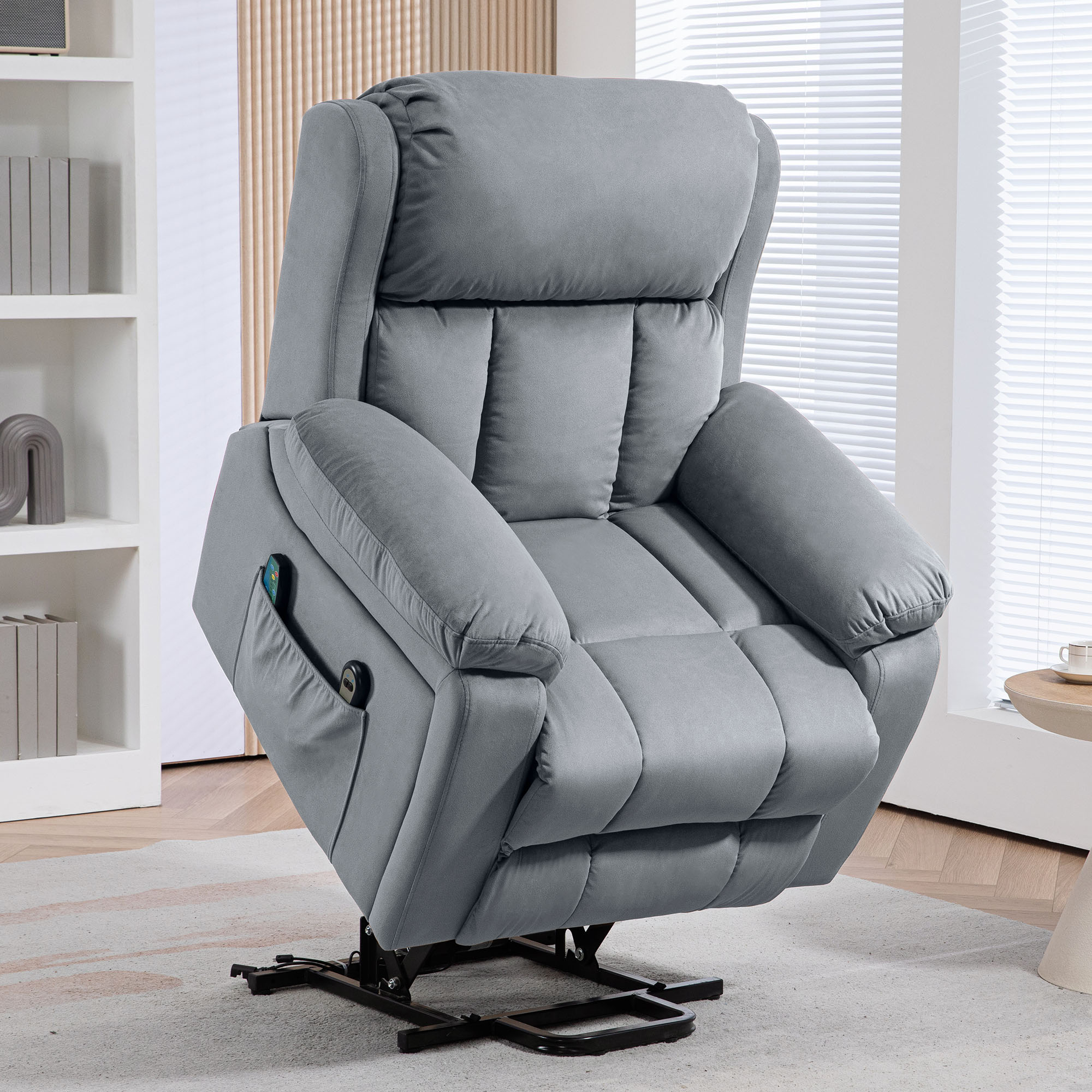 Fauteuil relax électrique, fauteuil électrique releveur, massage et chaleur, inclinaison réglable, assise large, revêtement synthétique, fauteuil relaxant avec repose-pied, télécommandes, gris