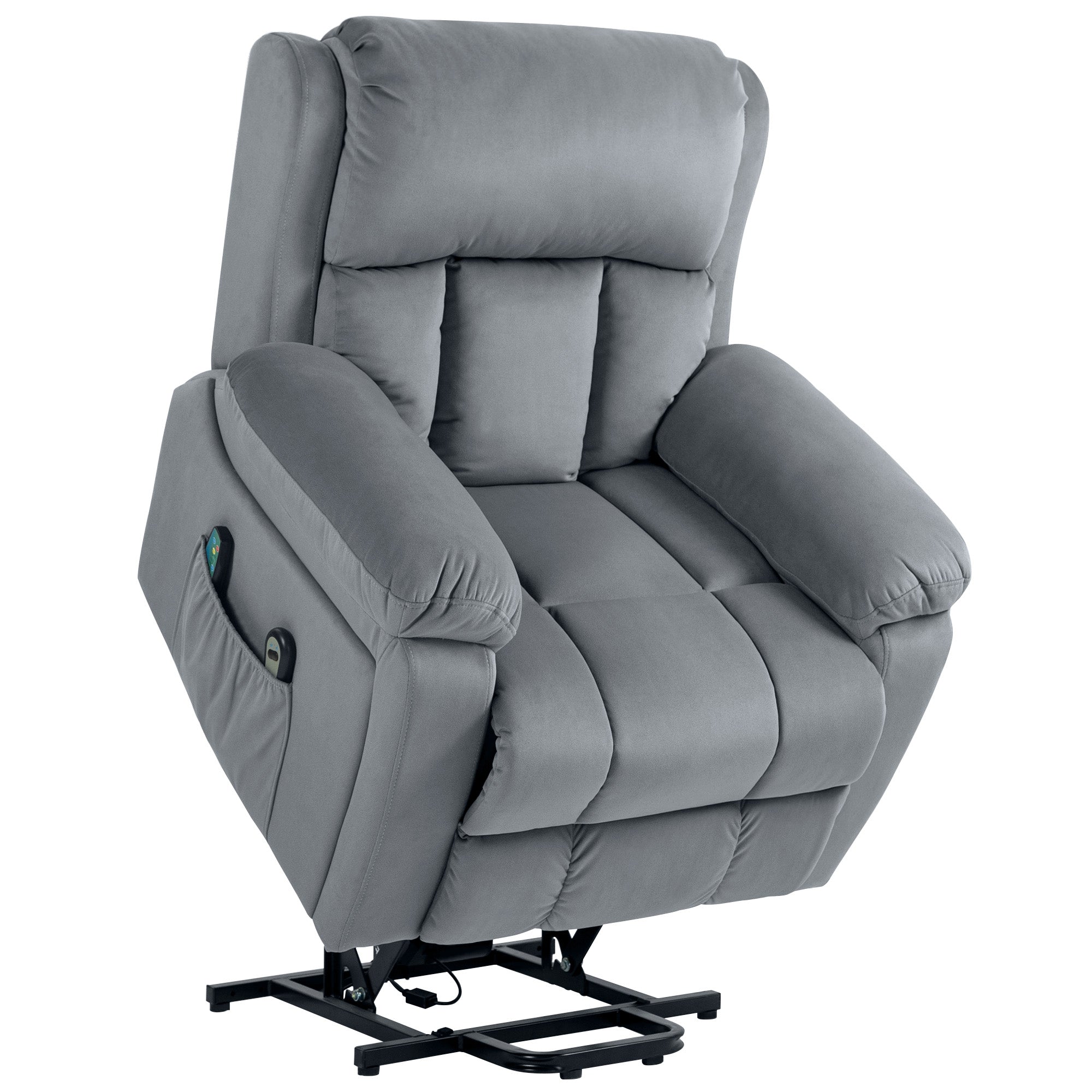 Fauteuil relax électrique, fauteuil électrique releveur, massage et chaleur, inclinaison réglable, assise large, revêtement synthétique, fauteuil relaxant avec repose-pied, télécommandes, gris