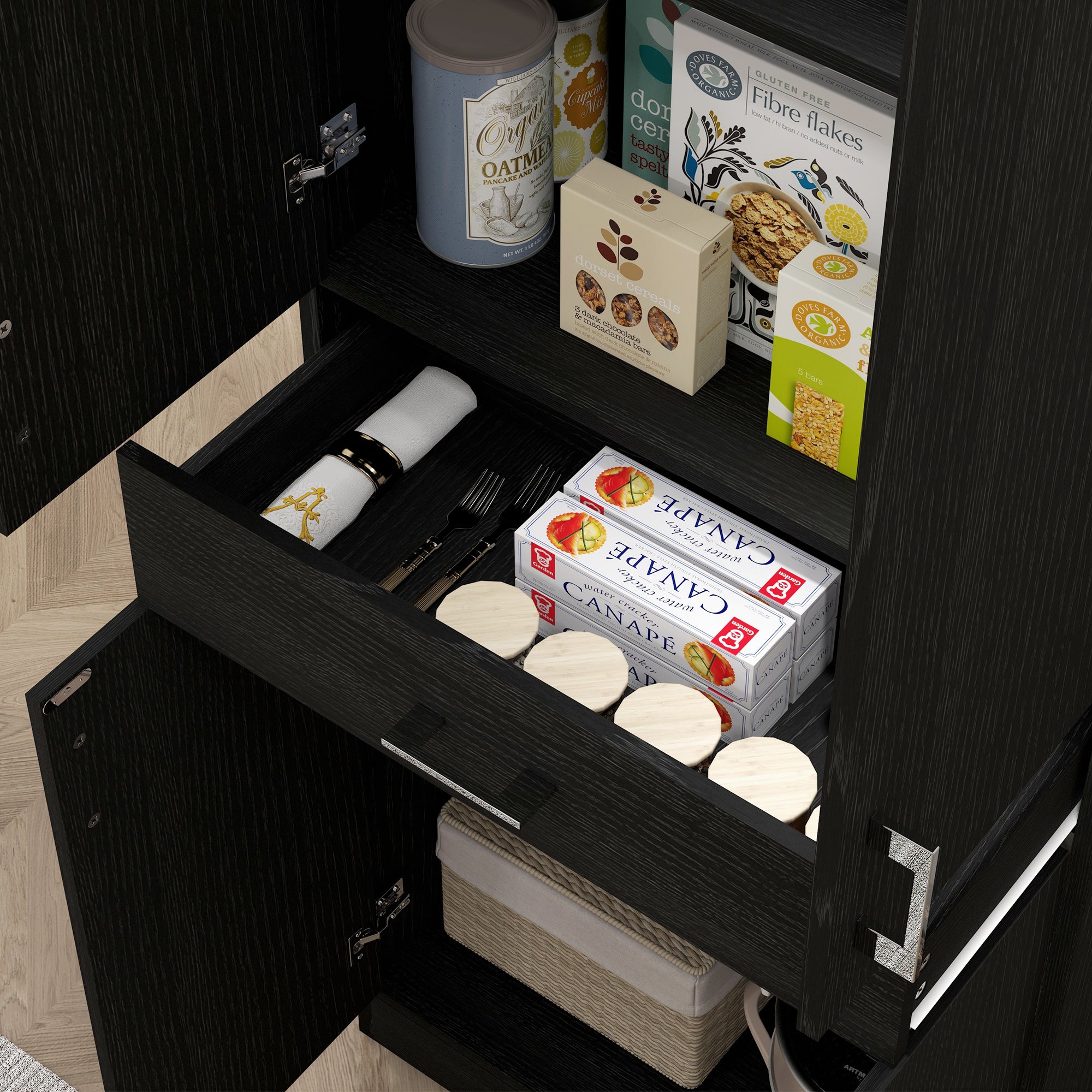 Buffet de cuisine armoire de cuisine buffet haut 2 étagères réglables 4 portes 2 placards et 1 tiroir central hauteur 180 cm noir