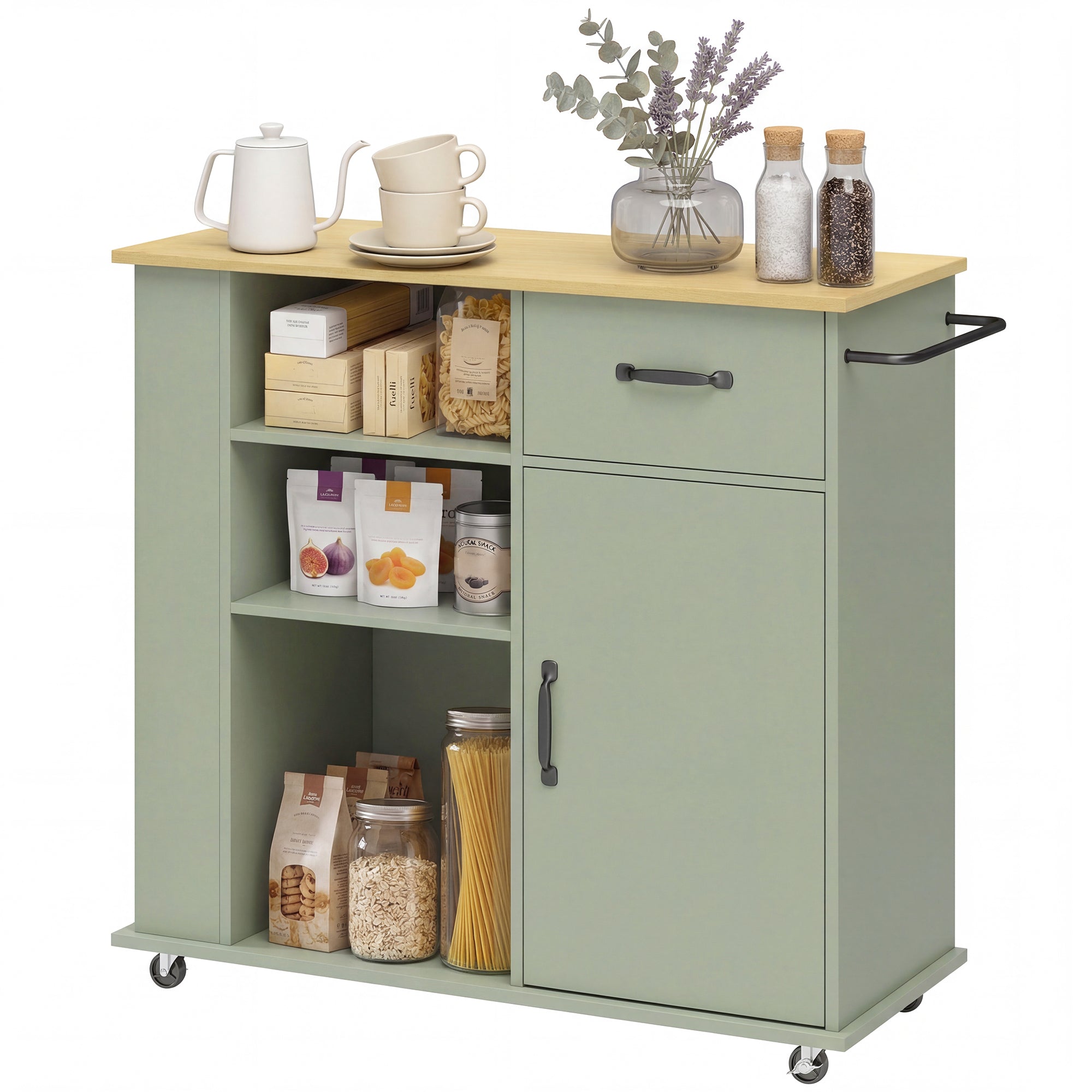 Desserte de cuisine à roulettes, îlot central cuisine avec tiroir, porte, compartiments ouverts, étagère réglable et porte-épices, chariot de rangement pour salle à manger, 96,5x38x87cm, vert