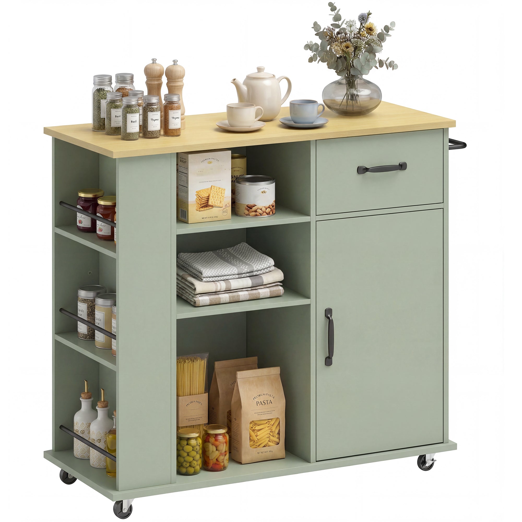 Desserte de cuisine à roulettes, îlot central cuisine avec tiroir, porte, compartiments ouverts, étagère réglable et porte-épices, chariot de rangement pour salle à manger, 96,5x38x87cm, vert