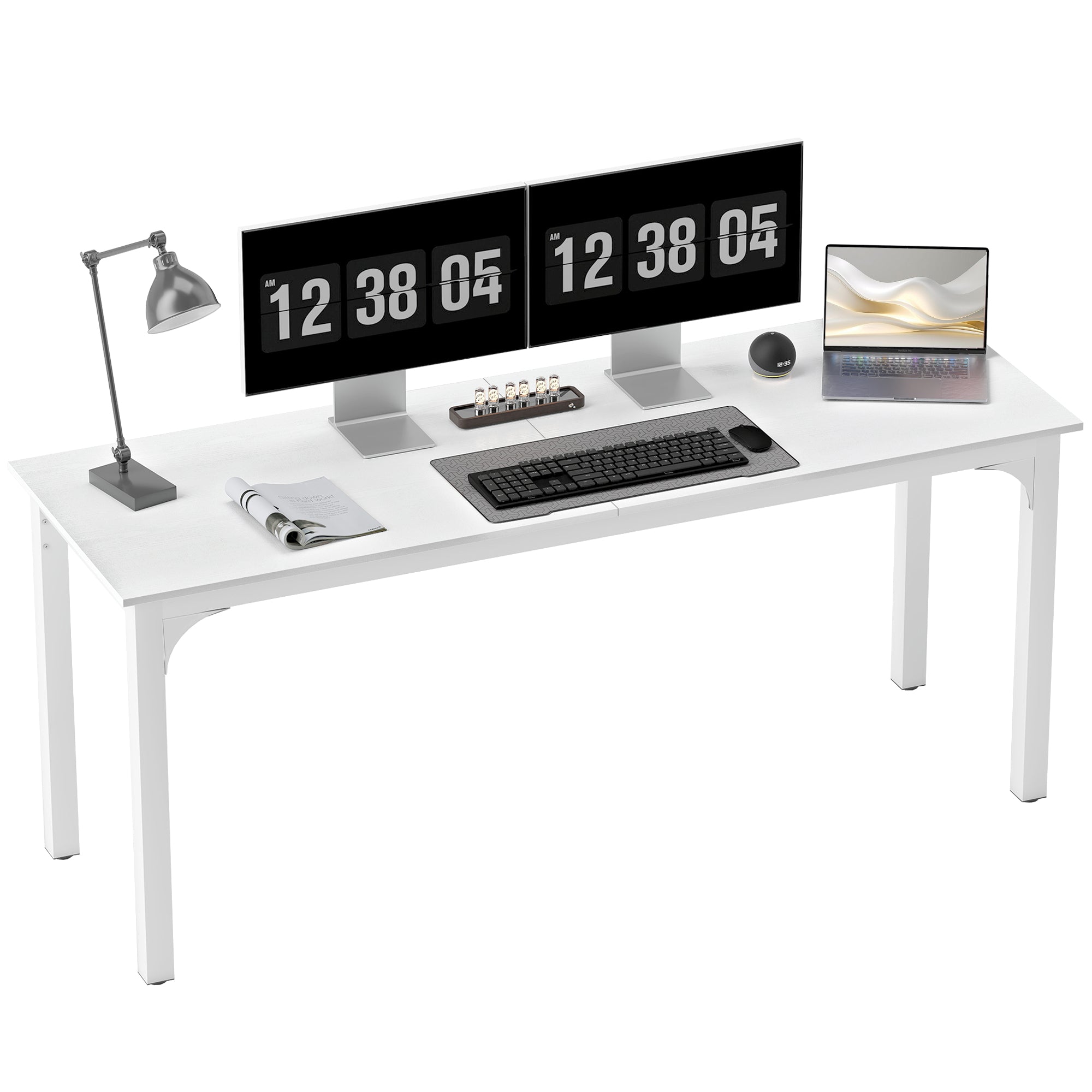 Bureau, bureau d'ordinateur 180 cm avec large plateau pour 2 personnes, cadre en acier, table d'ordinateur pour travail à domicile ou étude, blanc