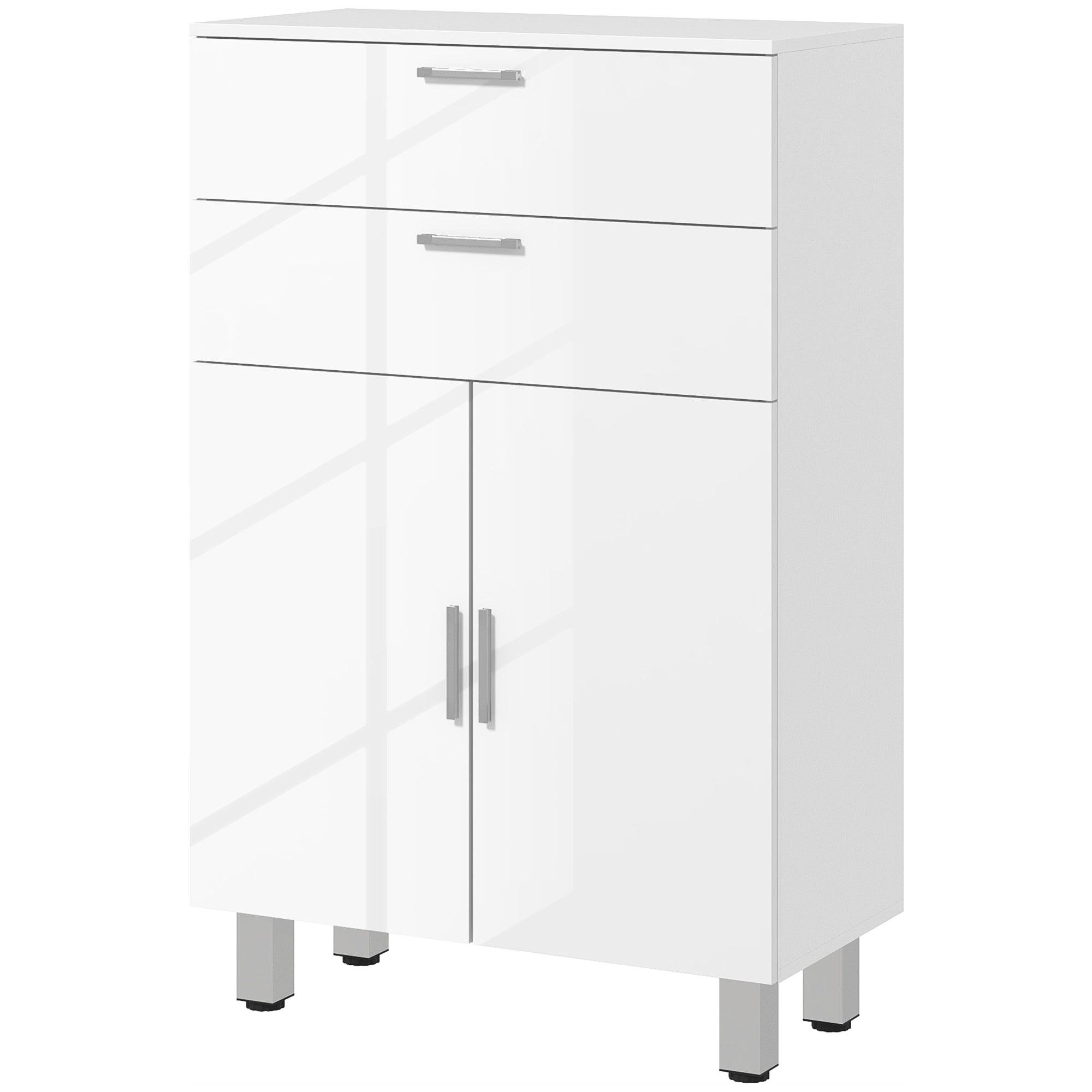 Meuble de salle de bain, meuble de rangement avec 2 tiroirs, placard à double porte, étagères réglables et base surélevée, armoire salle de bain, salon, chambre, 60x30x93cm, blanc brillant