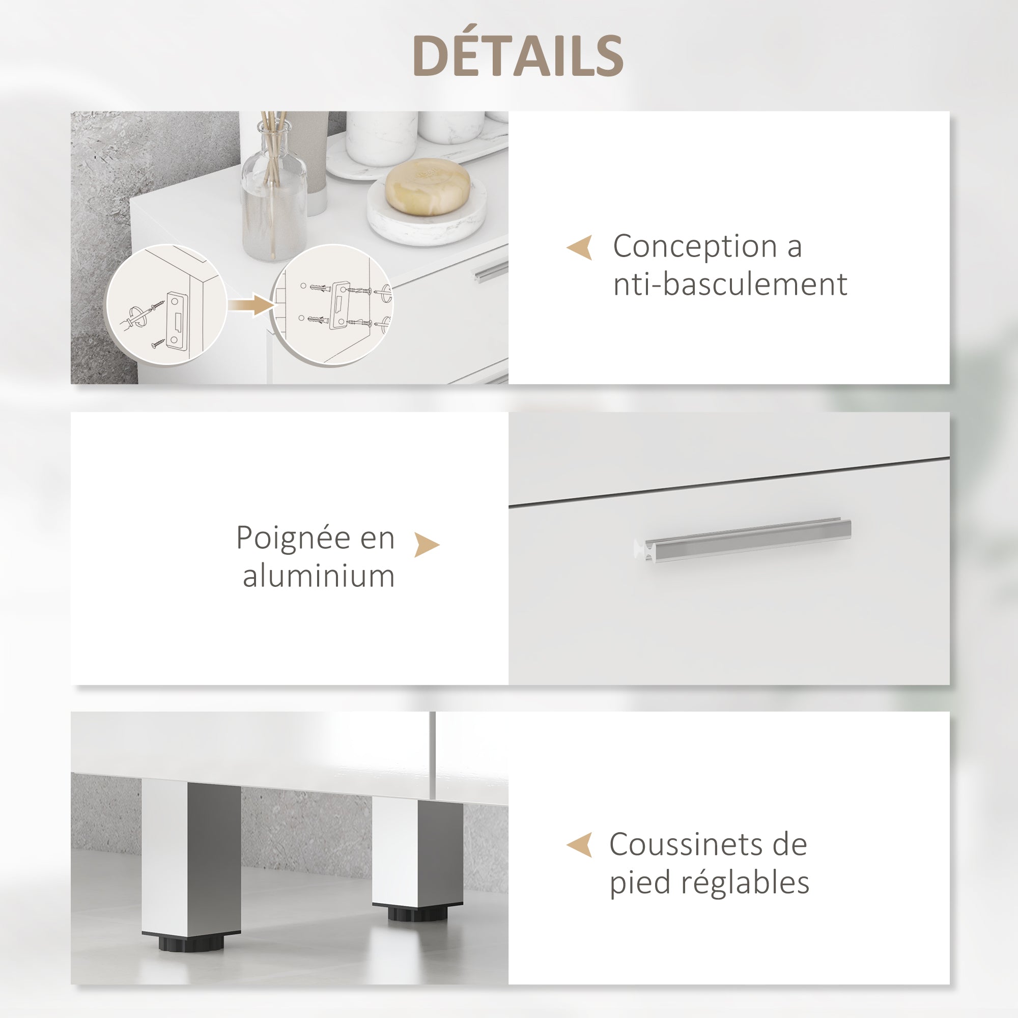 Meuble de salle de bain, meuble de rangement avec 2 tiroirs, placard à double porte, étagères réglables et base surélevée, armoire salle de bain, salon, chambre, 60x30x93cm, blanc brillant