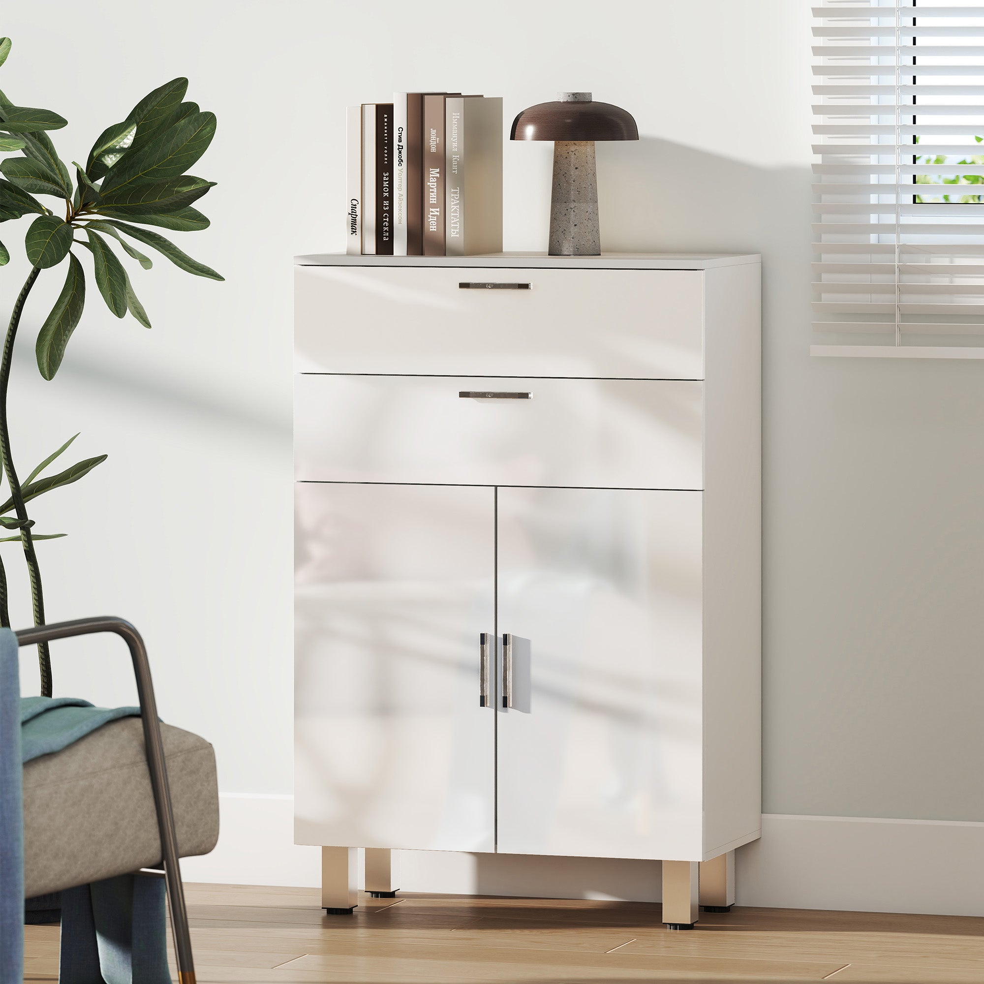 Meuble de salle de bain, meuble de rangement avec 2 tiroirs, placard à double porte, étagères réglables et base surélevée, armoire salle de bain, salon, chambre, 60x30x93cm, blanc brillant