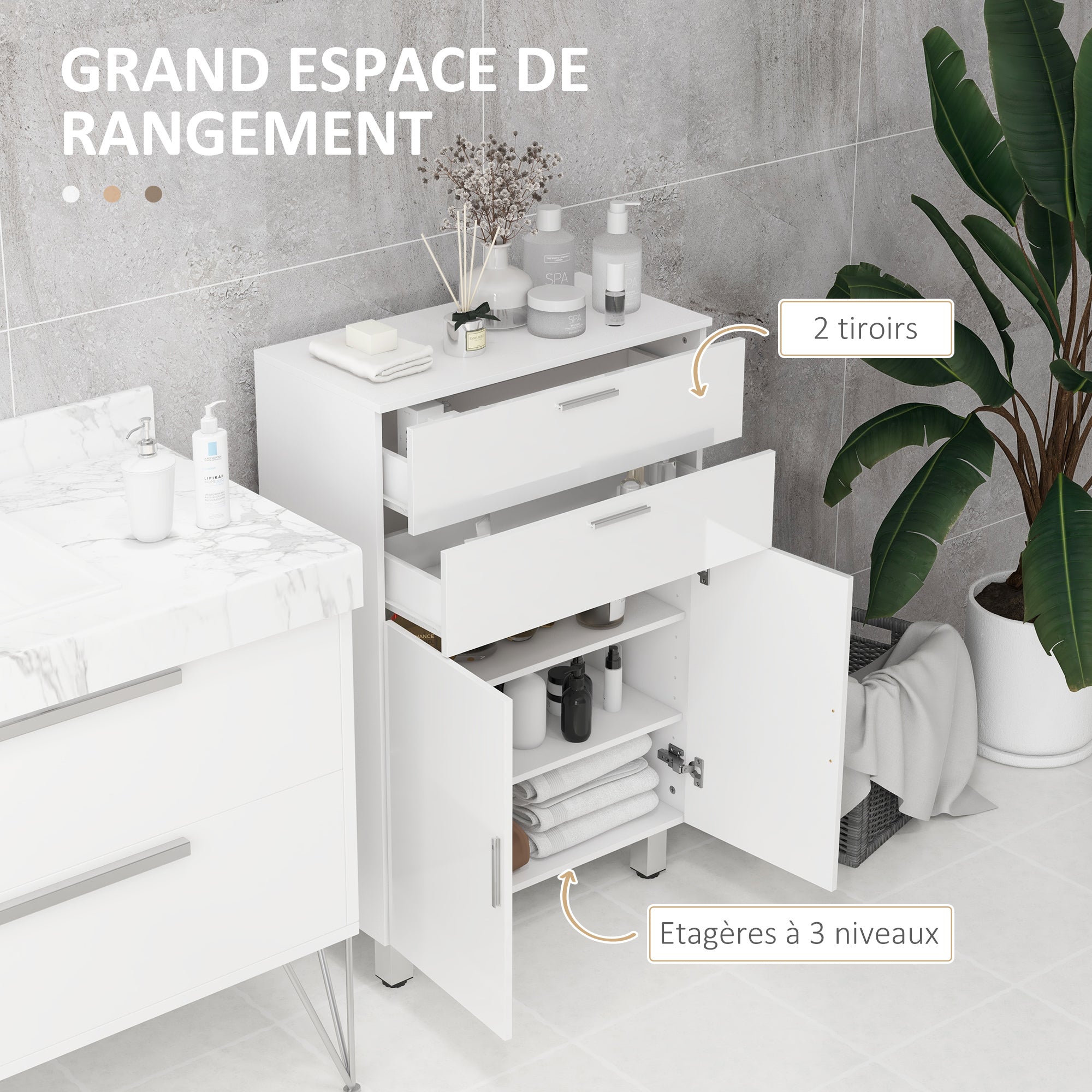Meuble de salle de bain, meuble de rangement avec 2 tiroirs, placard à double porte, étagères réglables et base surélevée, armoire salle de bain, salon, chambre, 60x30x93cm, blanc brillant