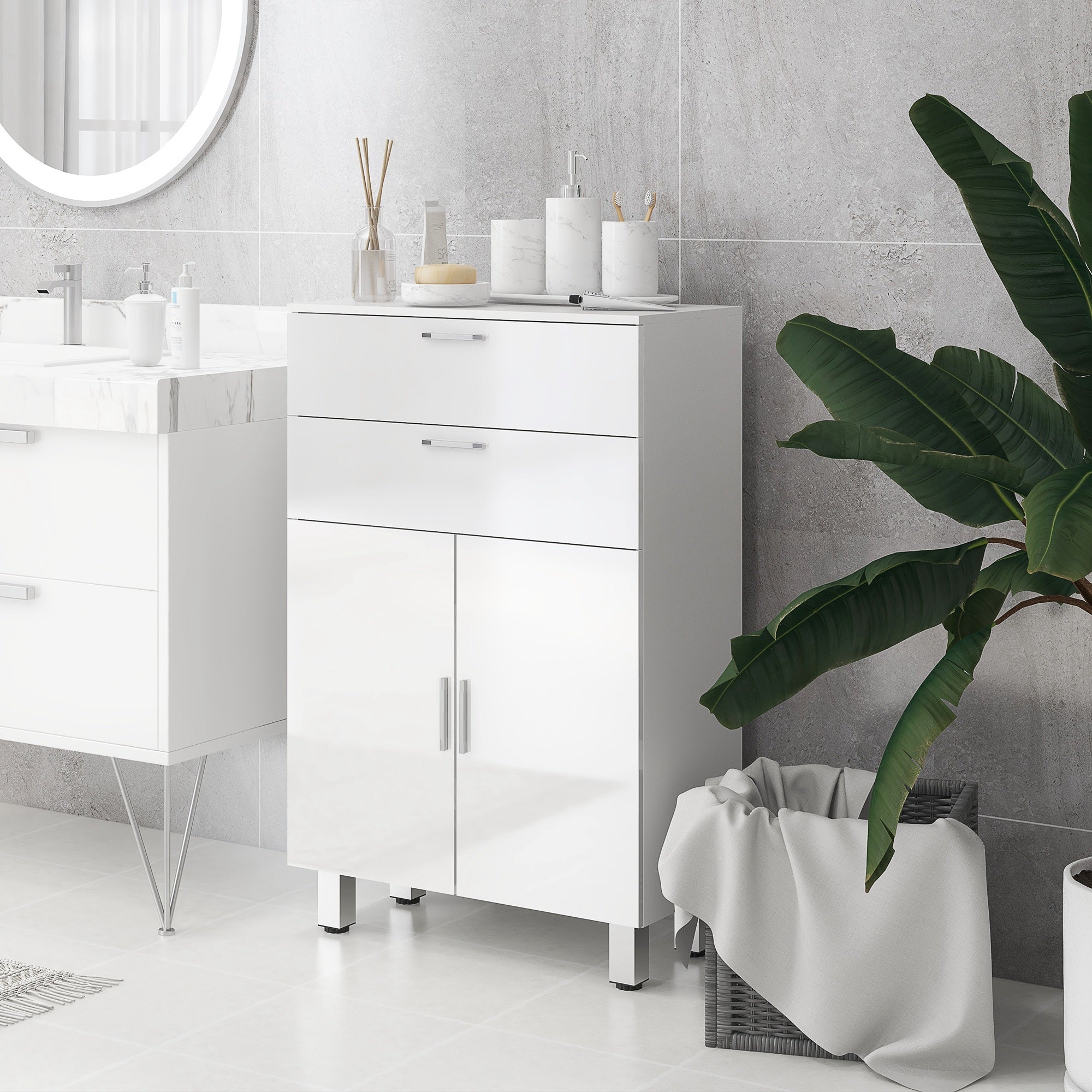 Meuble de salle de bain, meuble de rangement avec 2 tiroirs, placard à double porte, étagères réglables et base surélevée, armoire salle de bain, salon, chambre, 60x30x93cm, blanc brillant